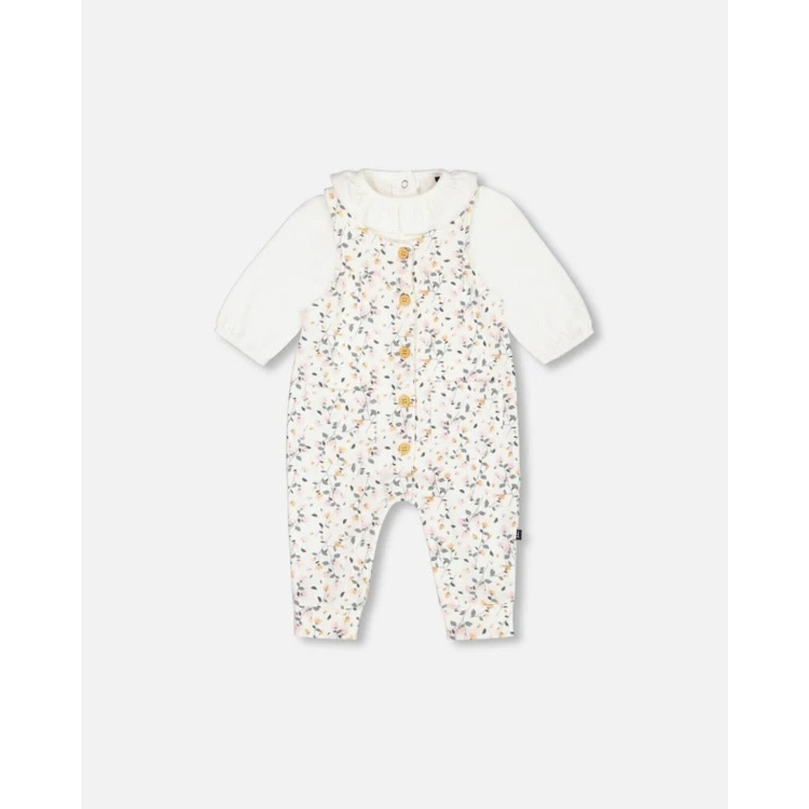 Deux par Deux DEUX PAR DEUX - Plain onesie and cream overalls set with flower print in organic cotton