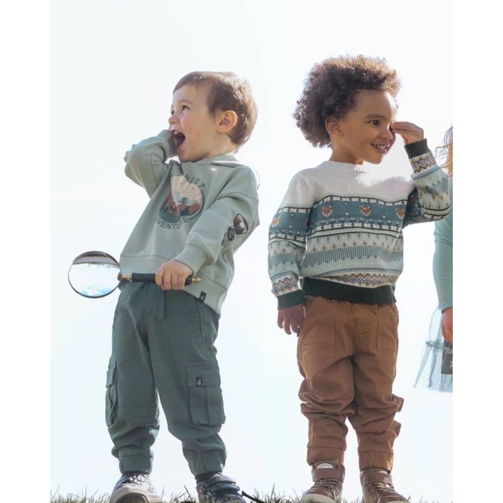 Deux par Deux DEUX PAR DEUX - Grey, Blue and Green Jacquard Knit Sweater with Foxes 'Forest Adventure'