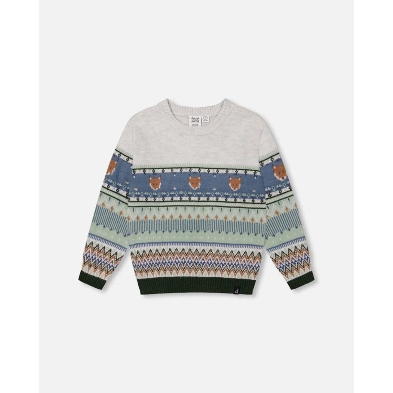 Deux par Deux DEUX PAR DEUX - Grey, Blue and Green Jacquard Knit Sweater with Foxes 'Forest Adventure'