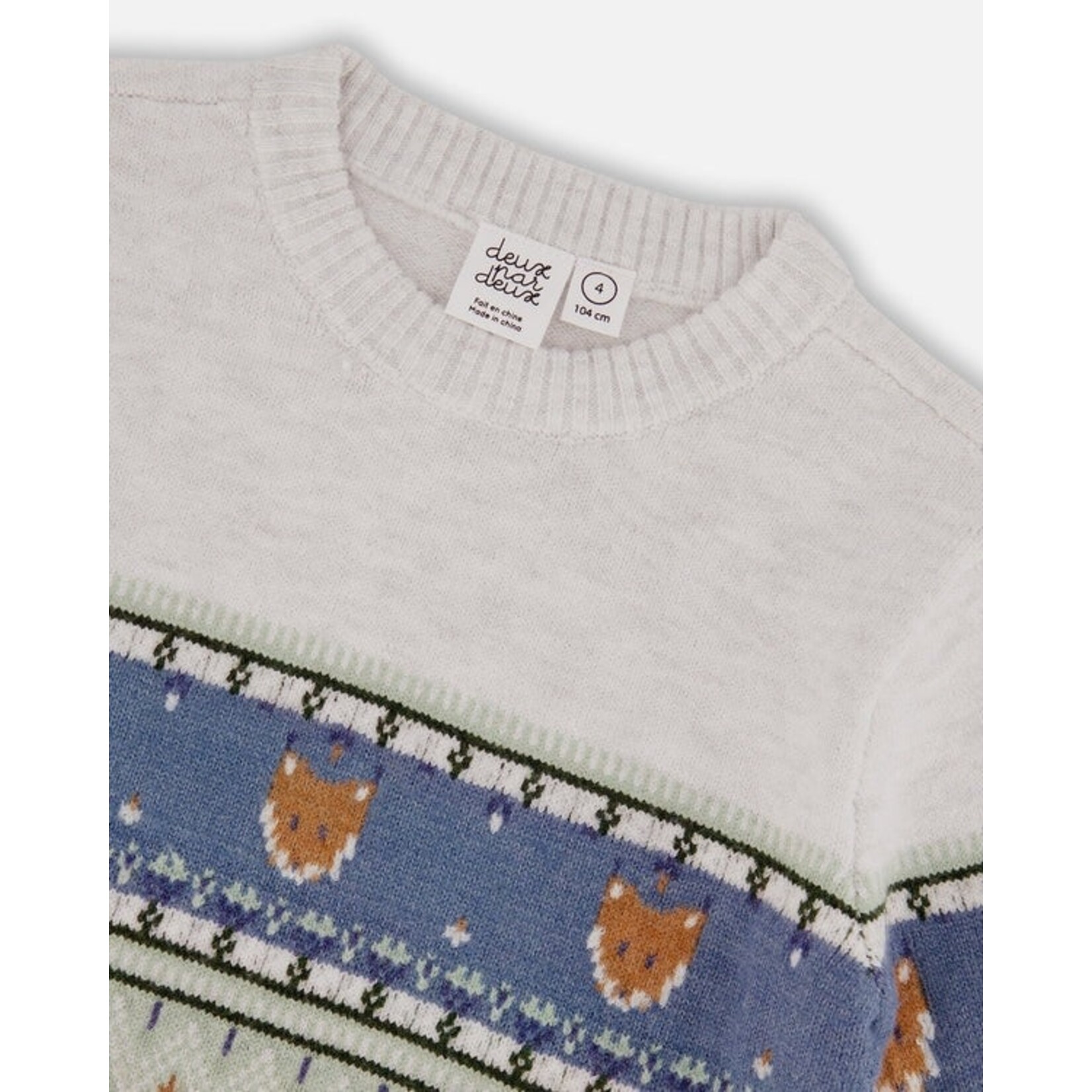 Deux par Deux DEUX PAR DEUX - Grey, Blue and Green Jacquard Knit Sweater with Foxes 'Forest Adventure'