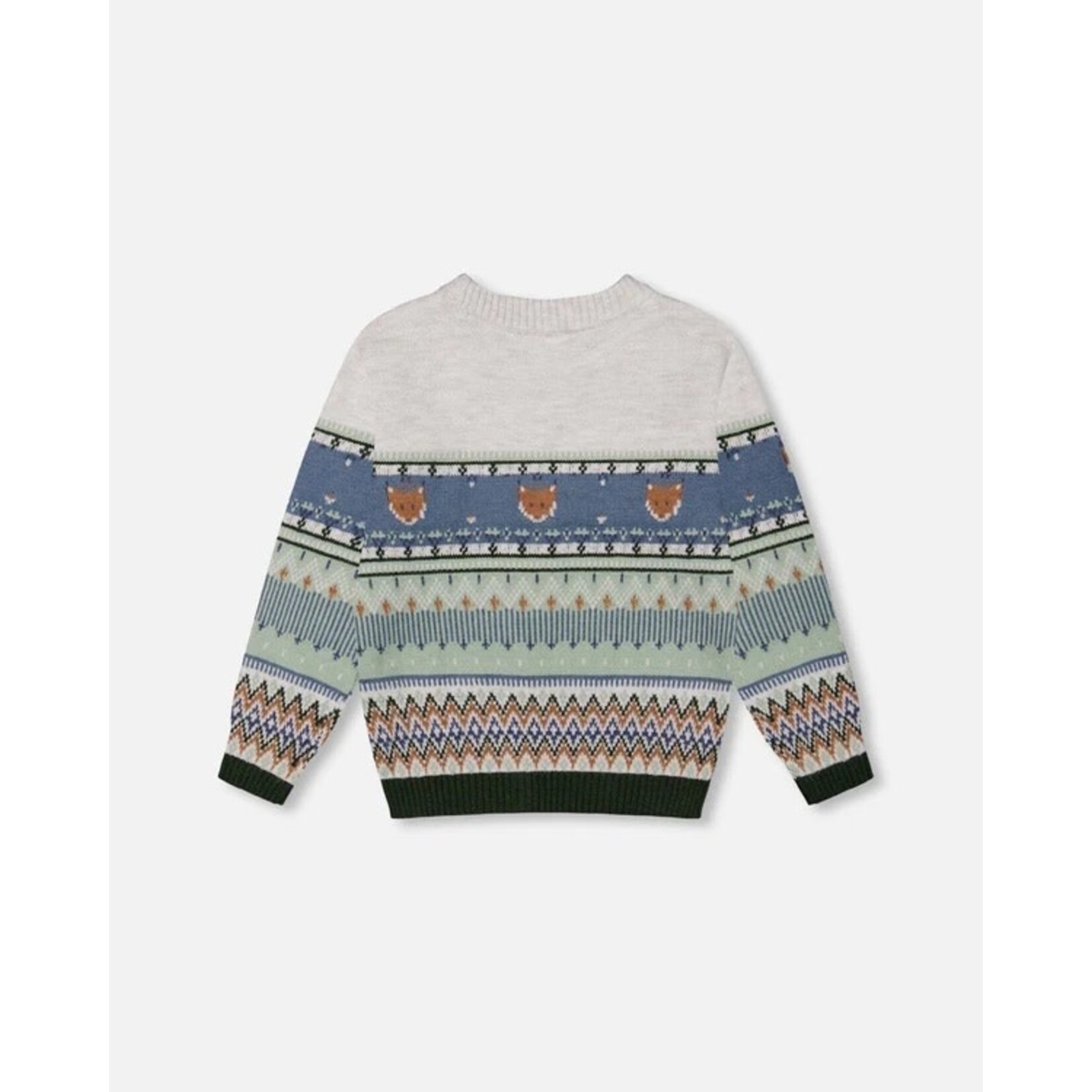 Deux par Deux DEUX PAR DEUX - Grey, Blue and Green Jacquard Knit Sweater with Foxes 'Forest Adventure'