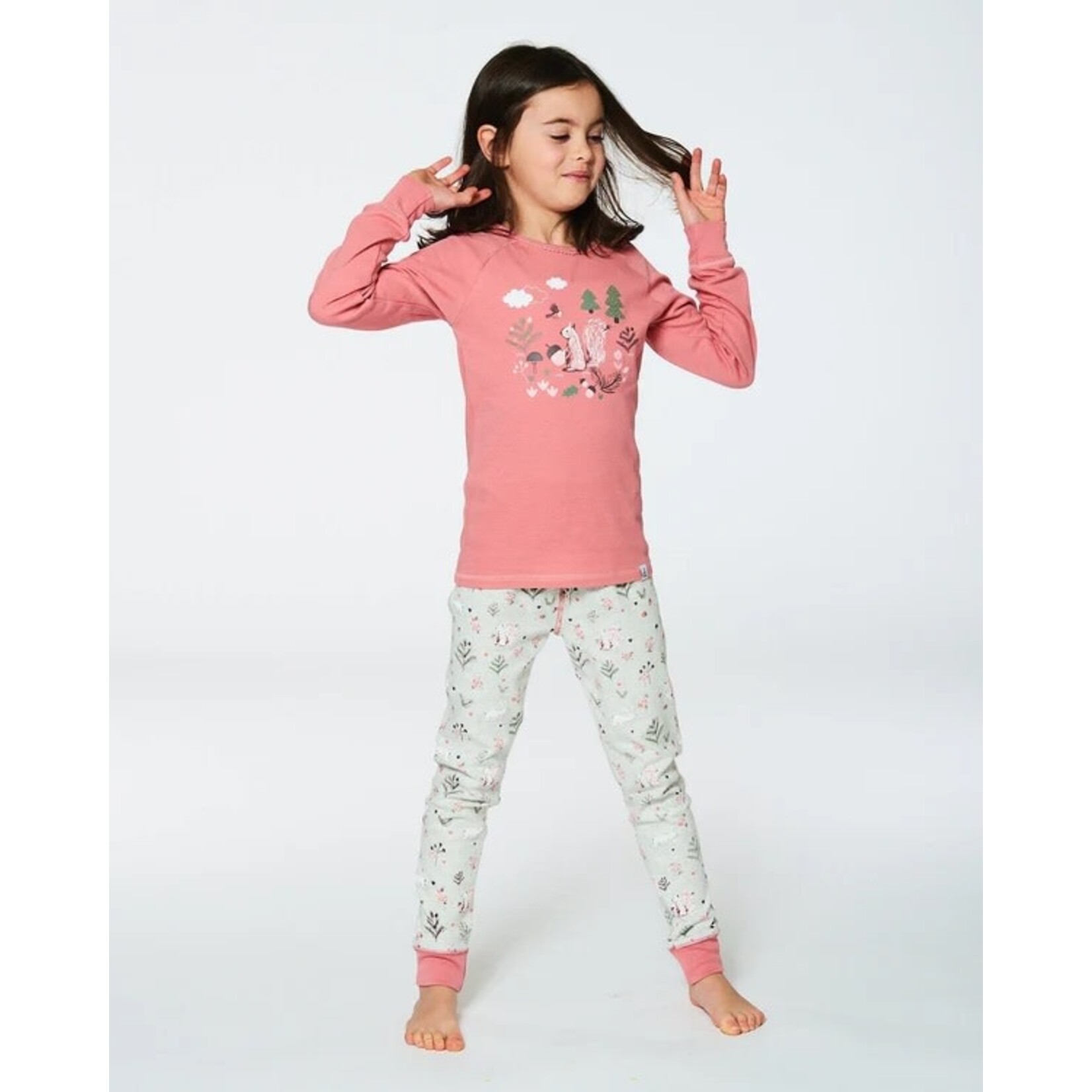 Deux par Deux DEUX PAR DEUX - Pink and Grey Organic Cotton Two-Piece Pyjama Set with Squirrel Print