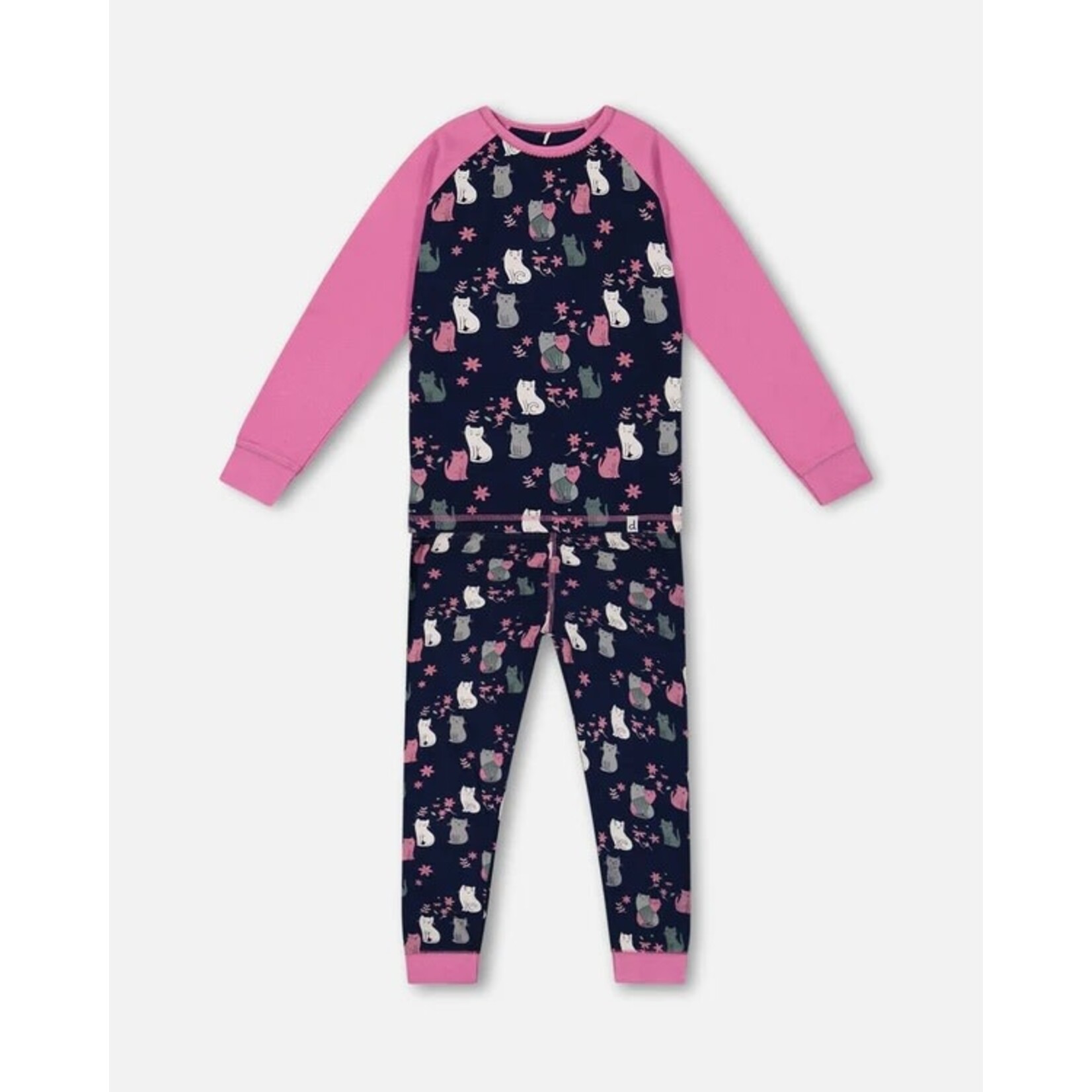 Deux par Deux DEUX PAR DEUX - Navy Organic Cotton Two-Piece Pyjama Set with Kitten Print