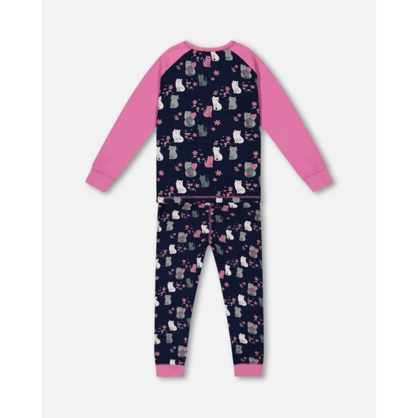 Deux par Deux DEUX PAR DEUX - Navy Organic Cotton Two-Piece Pyjama Set with Kitten Print