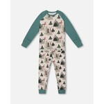 Deux par Deux DEUX PAR DEUX - Green Organic Cotton Two-Piece Pyjama Set with Fir and Reindeer Print