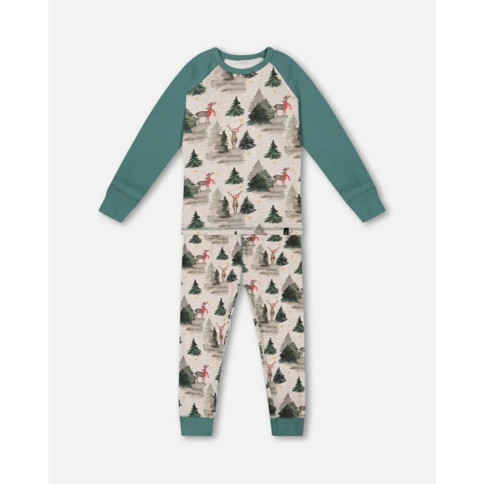 Deux par Deux DEUX PAR DEUX - Ensemble pyjama deux pièces en coton biologique vert avec imprimé de sapins et de rennes de Noël
