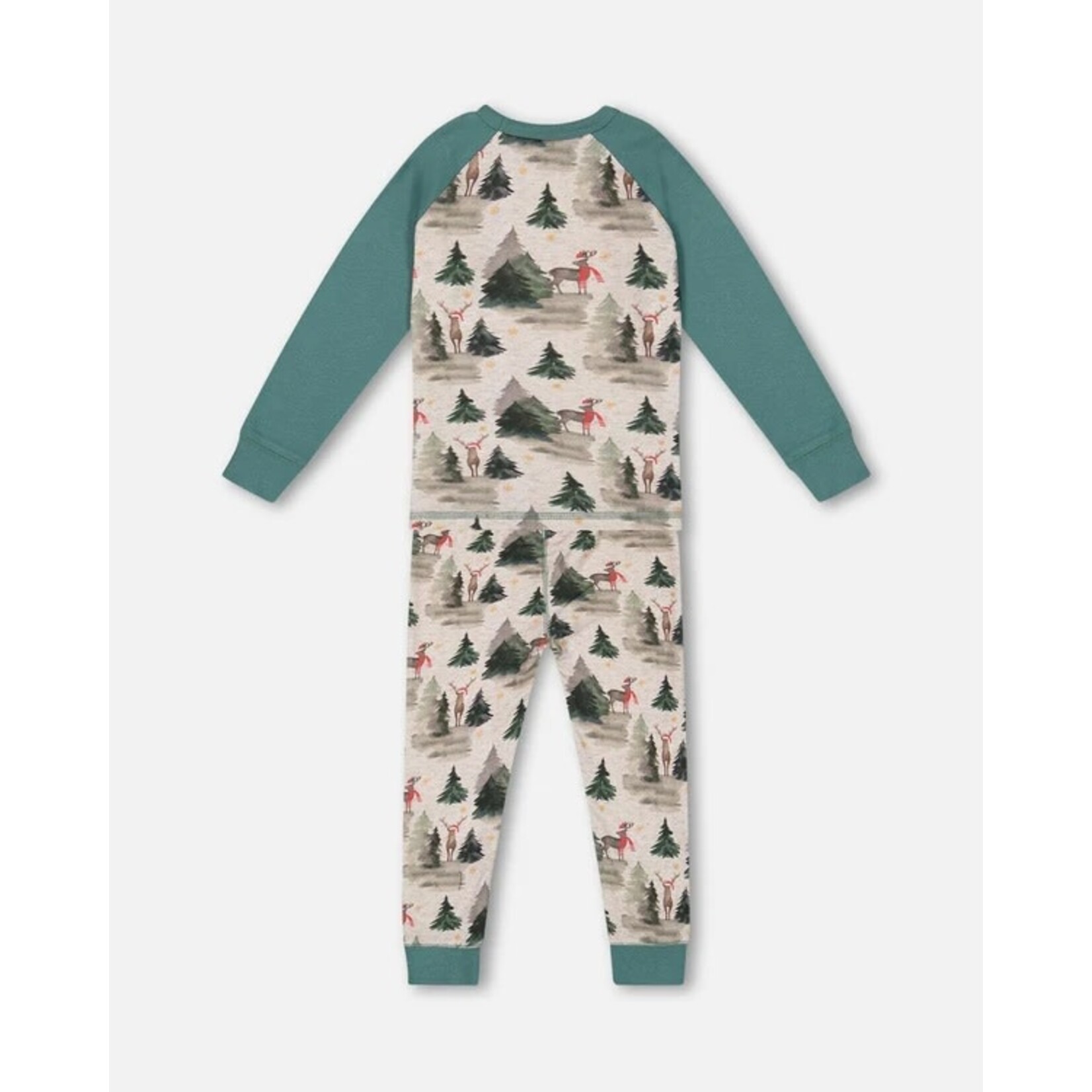 Deux par Deux DEUX PAR DEUX - Ensemble pyjama deux pièces en coton biologique vert avec imprimé de sapins et de rennes de Noël