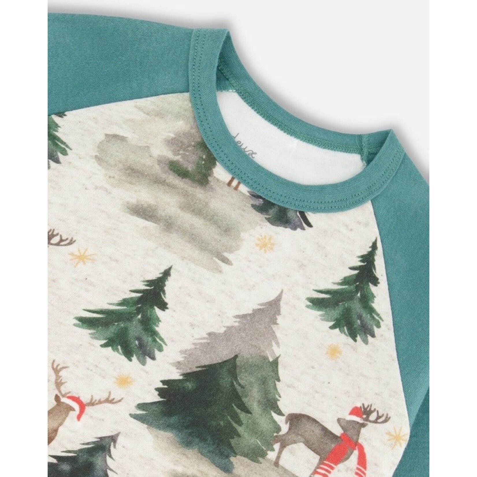 Deux par Deux DEUX PAR DEUX - Ensemble pyjama deux pièces en coton biologique vert avec imprimé de sapins et de rennes de Noël