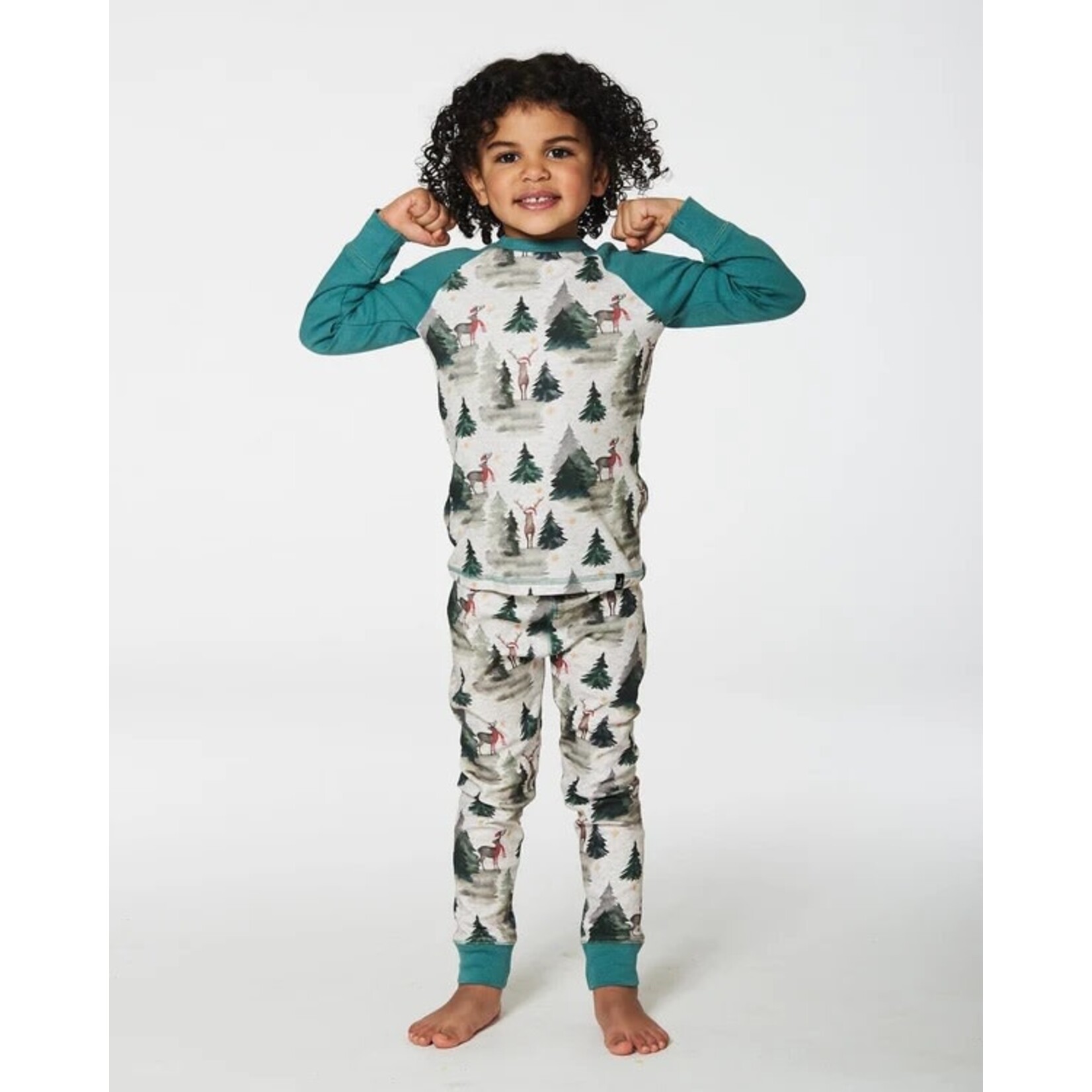 Deux par Deux DEUX PAR DEUX - Ensemble pyjama deux pièces en coton biologique vert avec imprimé de sapins et de rennes de Noël