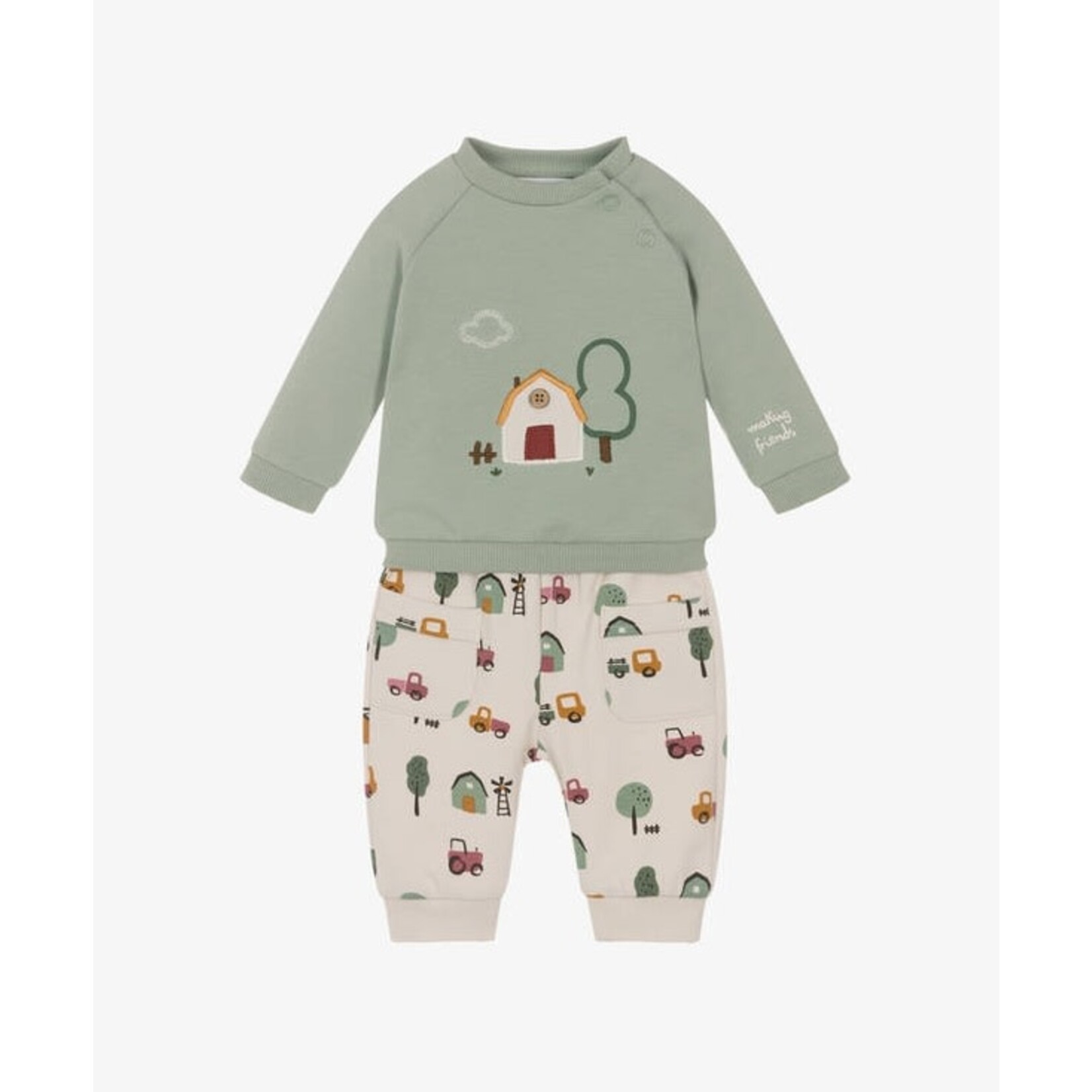 Mayoral MAYORAL - Two-piece set - Moss green sweater with farmhouse appliqué and pants with country print