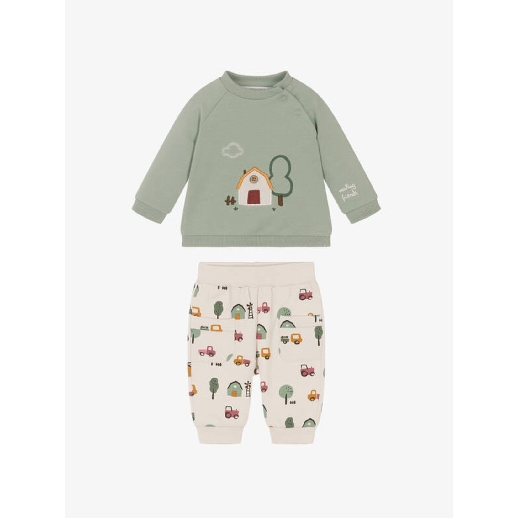 Mayoral MAYORAL - Two-piece set - Moss green sweater with farmhouse appliqué and pants with country print