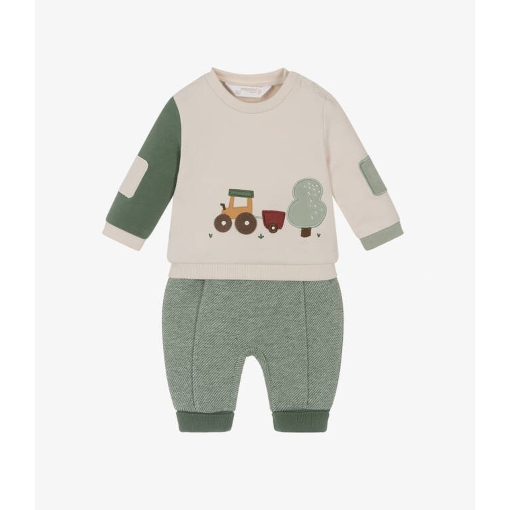 Mayoral MAYORAL - Two-Piece Set - Cream Sweater with Country Appliqué and Fine Knit Olive Green Pants