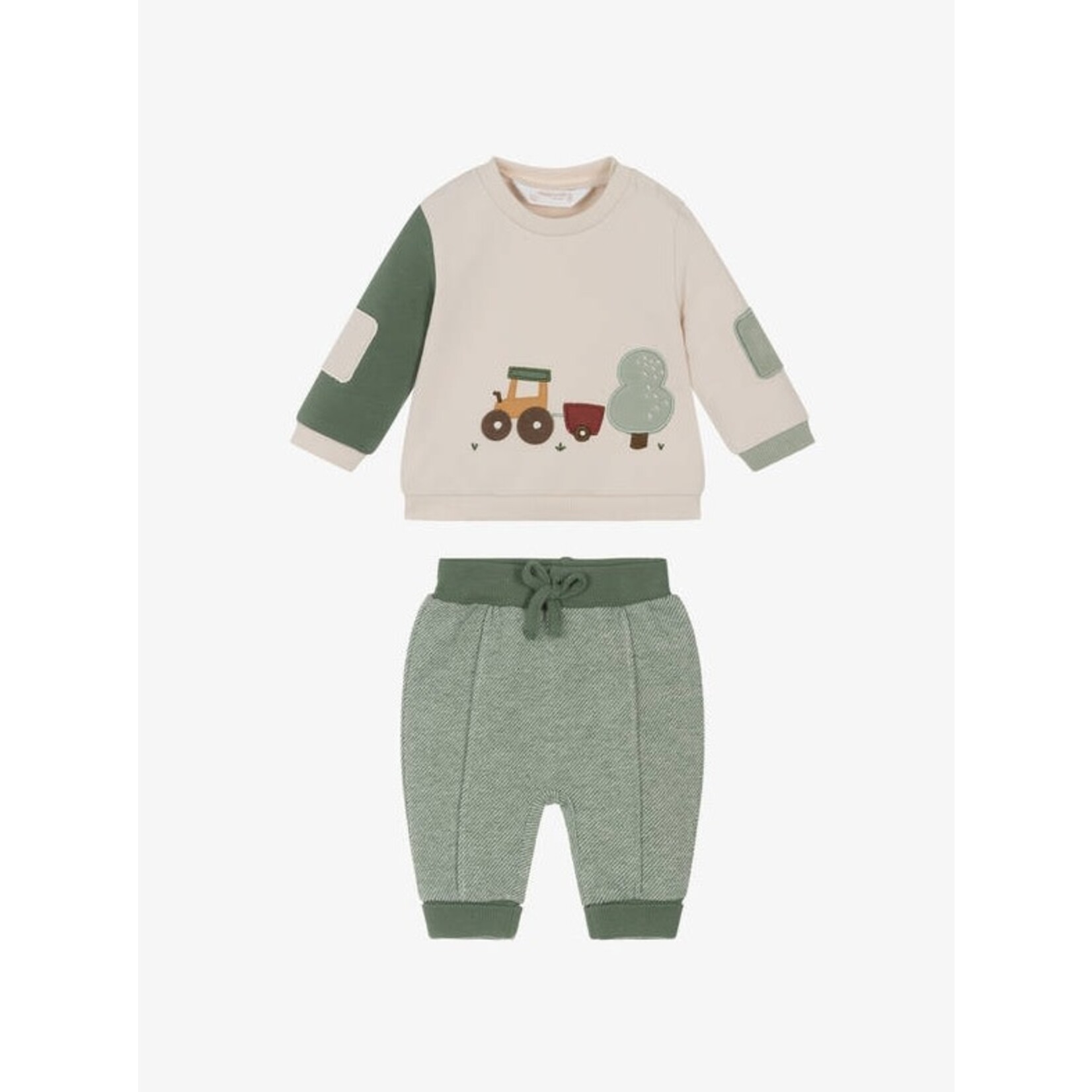 Mayoral MAYORAL - Ensemble deux pièces - Chandail crème avec appliqué de la campagne et pantalon vert olive en maille fine