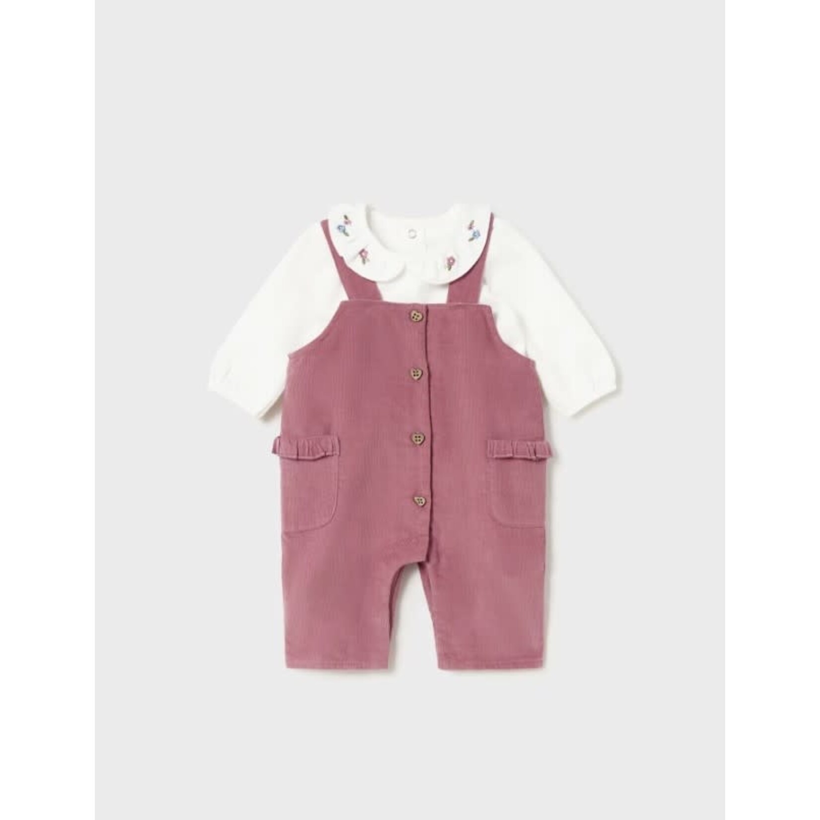 Mayoral  MAYORAL - Two-piece set - Ruffled sweater with flowers on the collar and raspberry pink corduroy overalls