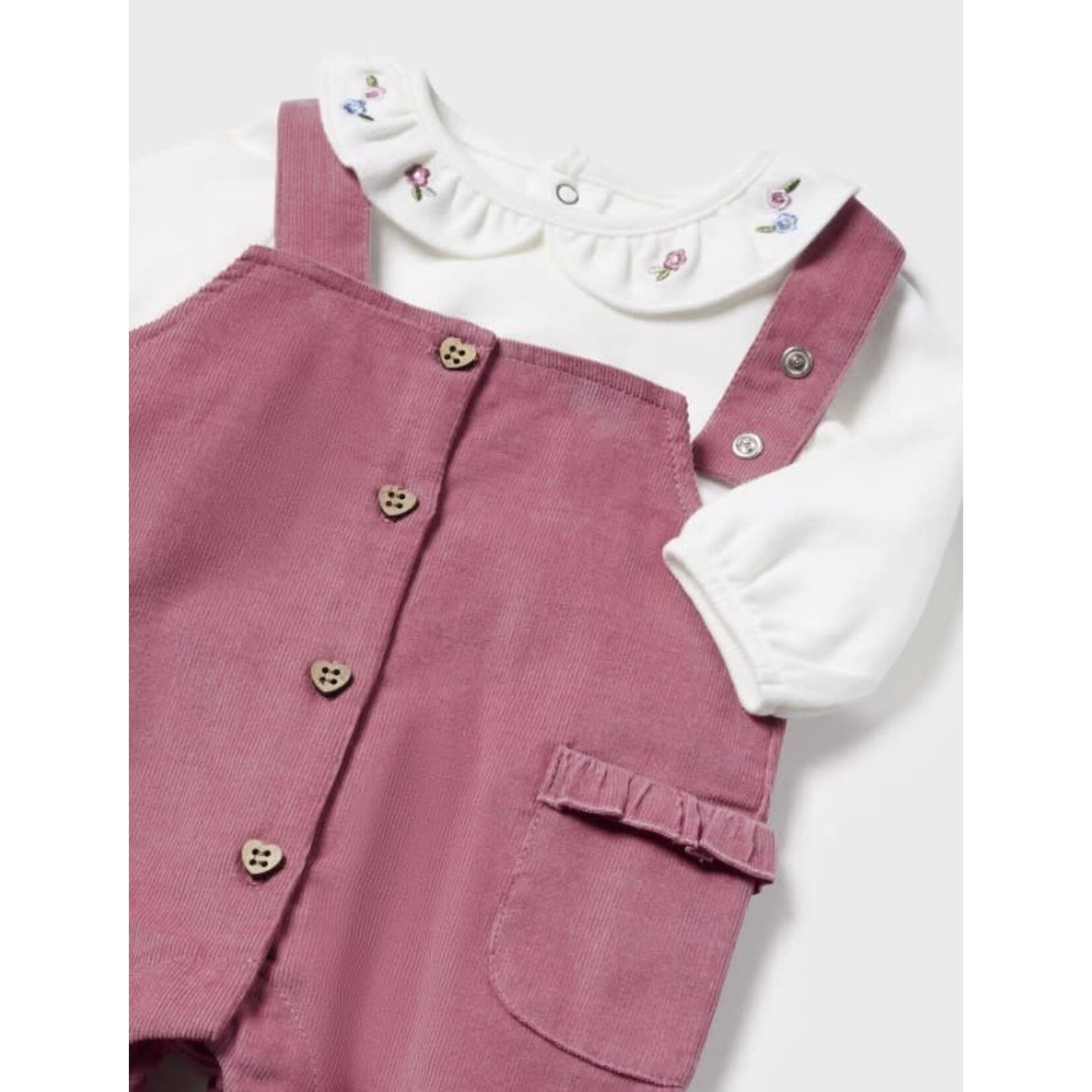 Mayoral  MAYORAL - Two-piece set - Ruffled sweater with flowers on the collar and raspberry pink corduroy overalls