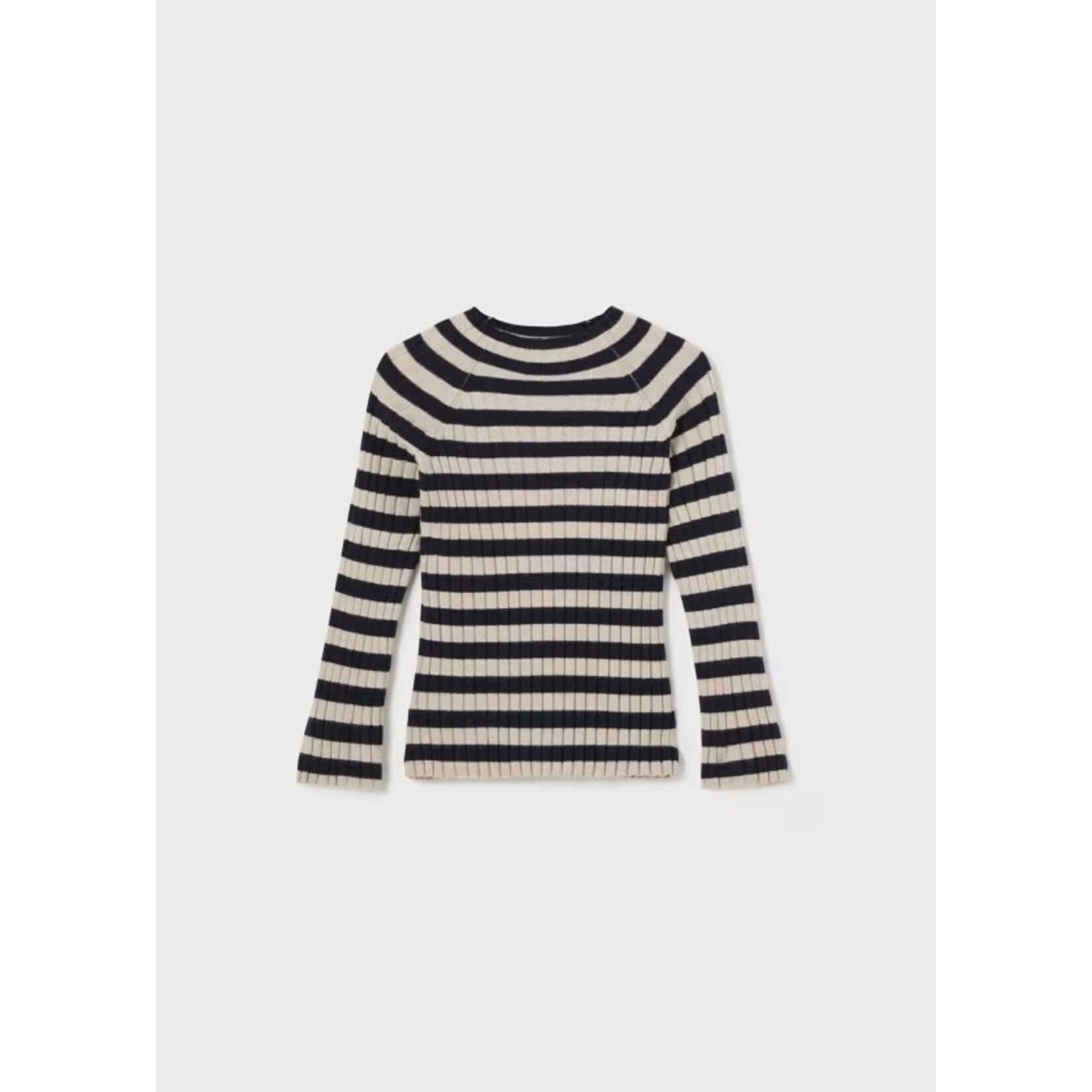 Mayoral MAYORAL - Long Sleeve Sand Ribbed Top with Navy Stripes and High Collar