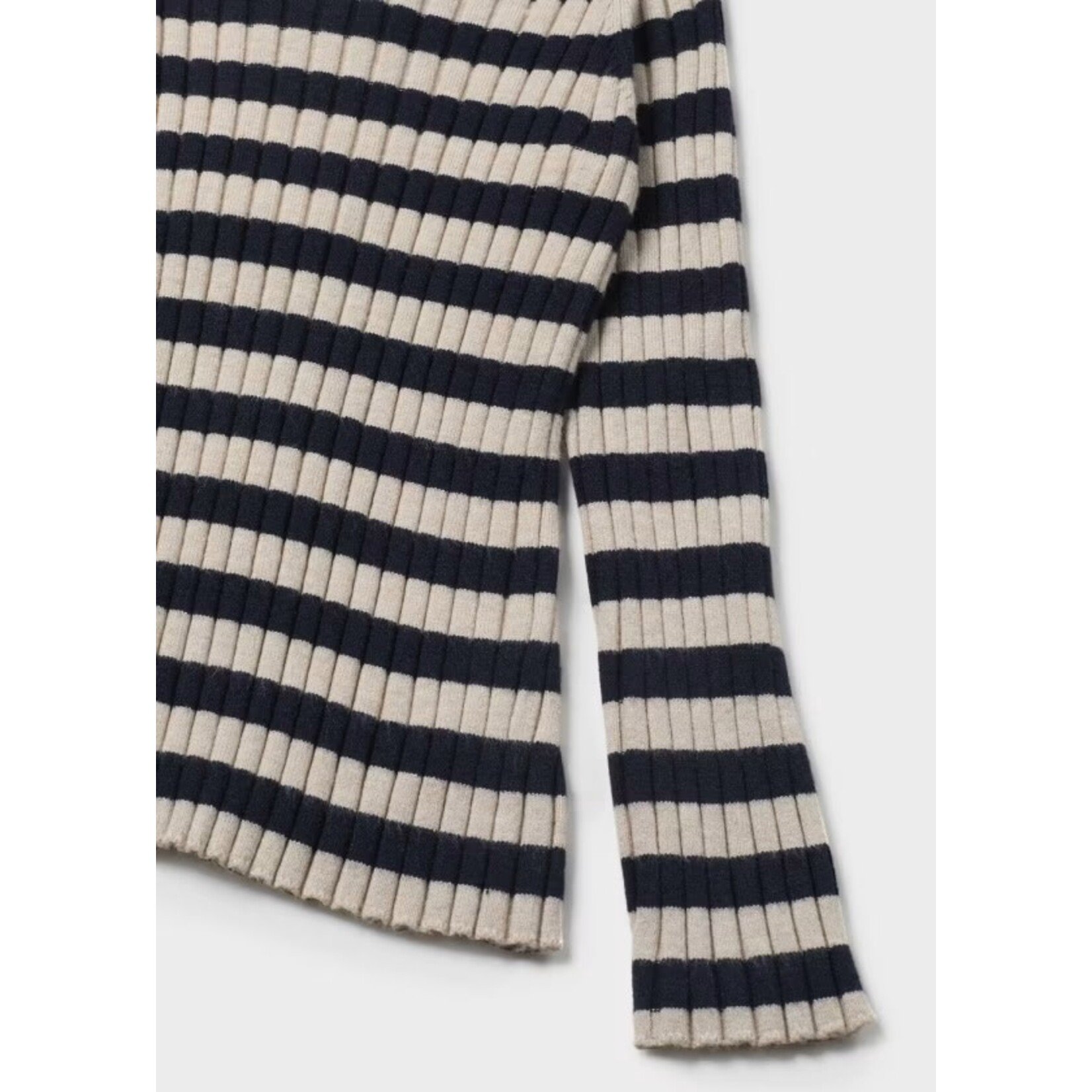 Mayoral MAYORAL - Long Sleeve Sand Ribbed Top with Navy Stripes and High Collar