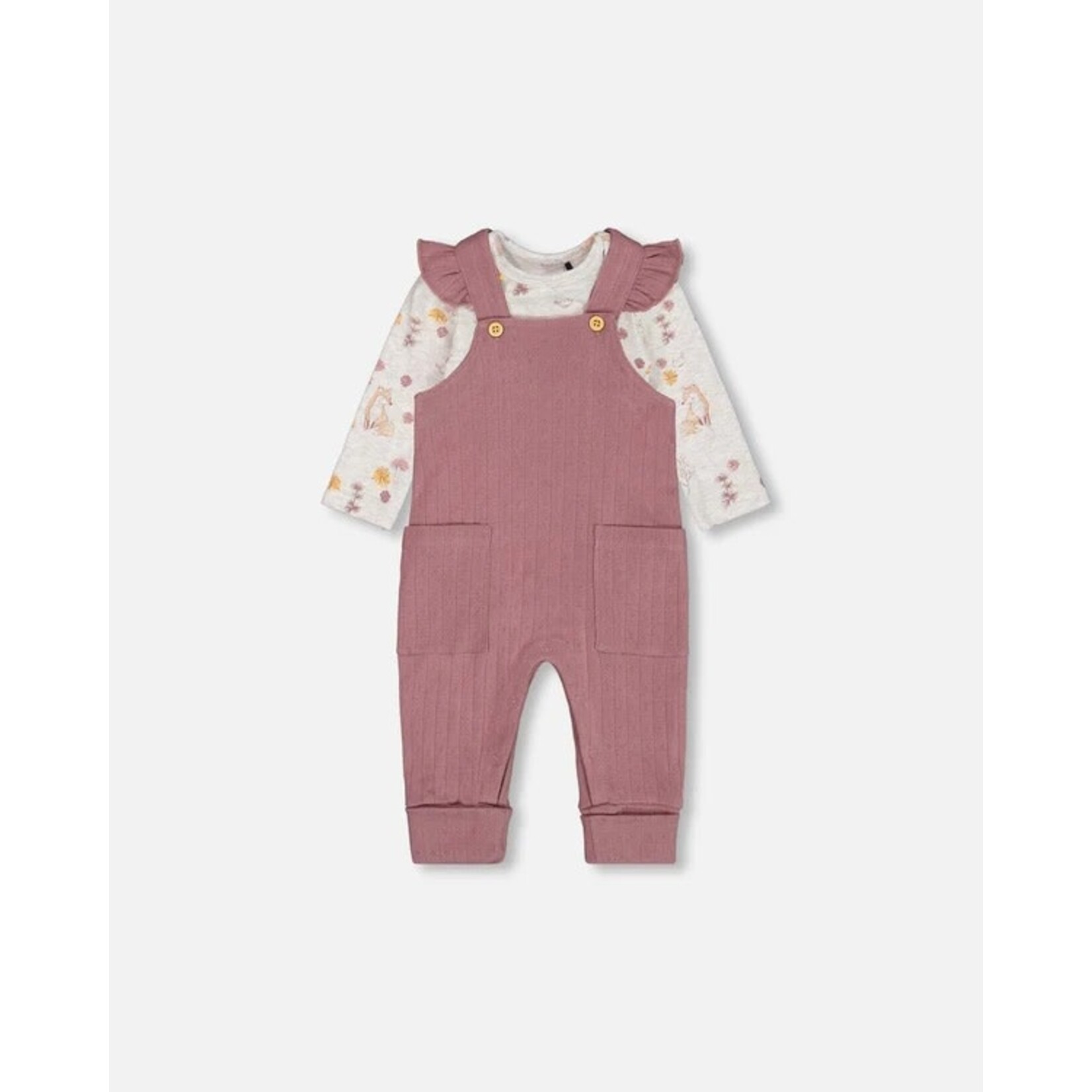 Deux par Deux DEUX PAR DEUX - Printed Organic Cotton Onesie And Pointelle Overall Set Woodrose 'Foxtrot'