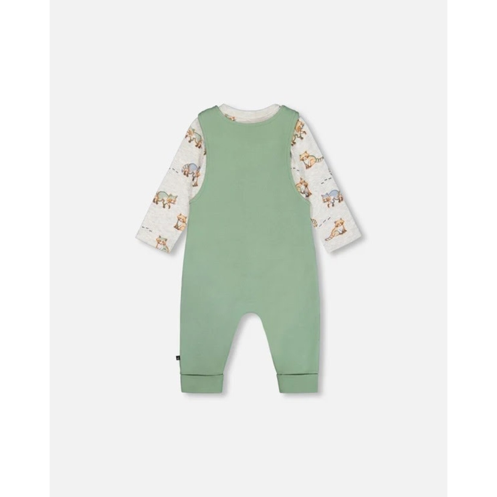 Deux par Deux DEUX PAR DEUX - Two Piece Set - Green Overalls and Heather Grey Onesie with All-Over Print 'Cool Racoon'