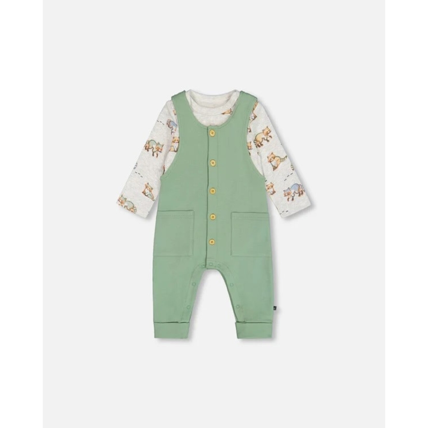 Deux par Deux DEUX PAR DEUX - Two Piece Set - Green Overalls and Heather Grey Onesie with All-Over Print 'Cool Racoon'