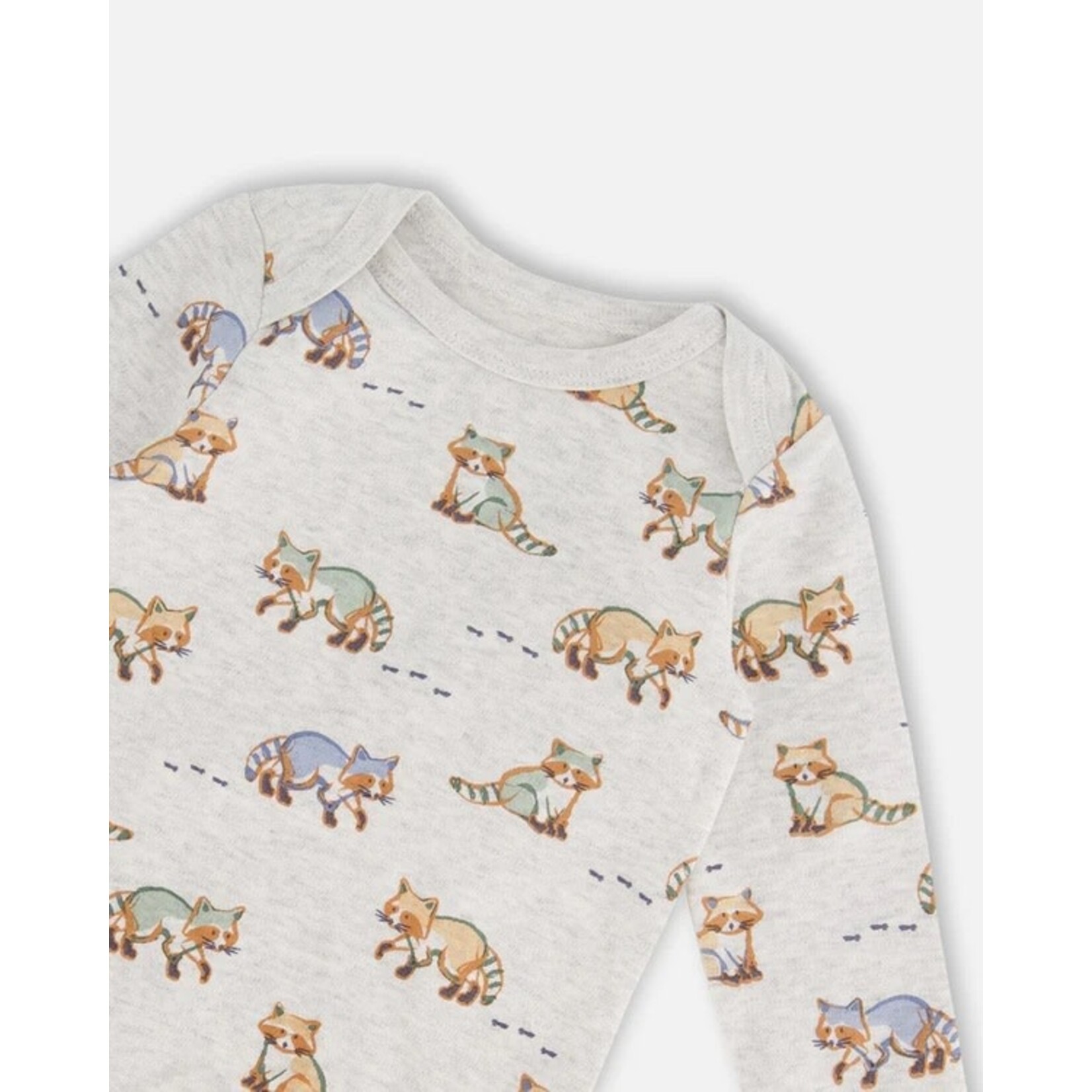 Deux par Deux DEUX PAR DEUX - Two Piece Set - Green Overalls and Heather Grey Onesie with All-Over Print 'Cool Racoon'