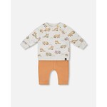 Deux par Deux DEUX PAR DEUX - Two Piece Set - Heather Grey Top with All-Over Print and Orange Pants 'Cool Raccoon'