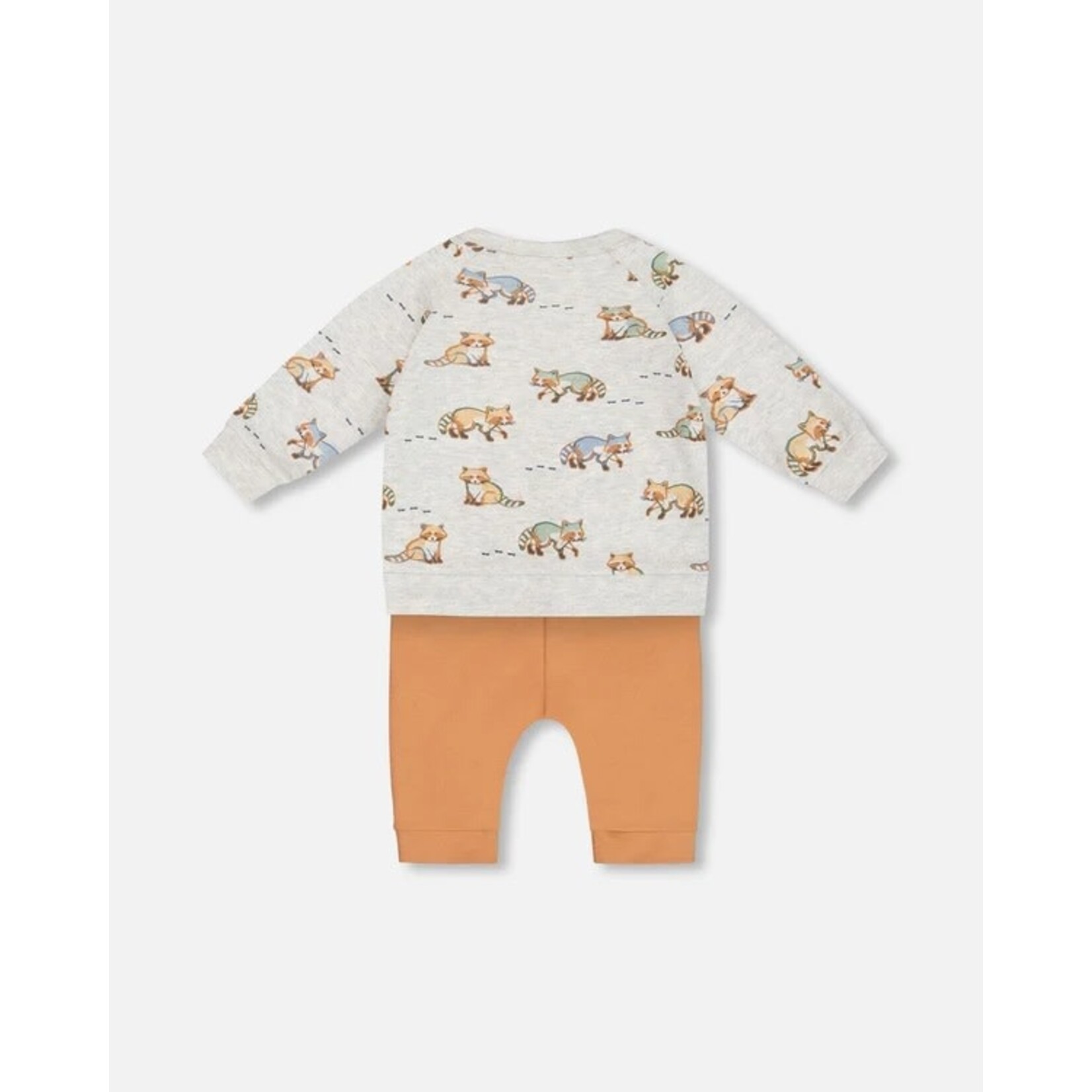 Deux par Deux DEUX PAR DEUX - Two Piece Set - Heather Grey Top with All-Over Print and Orange Pants 'Cool Raccoon'