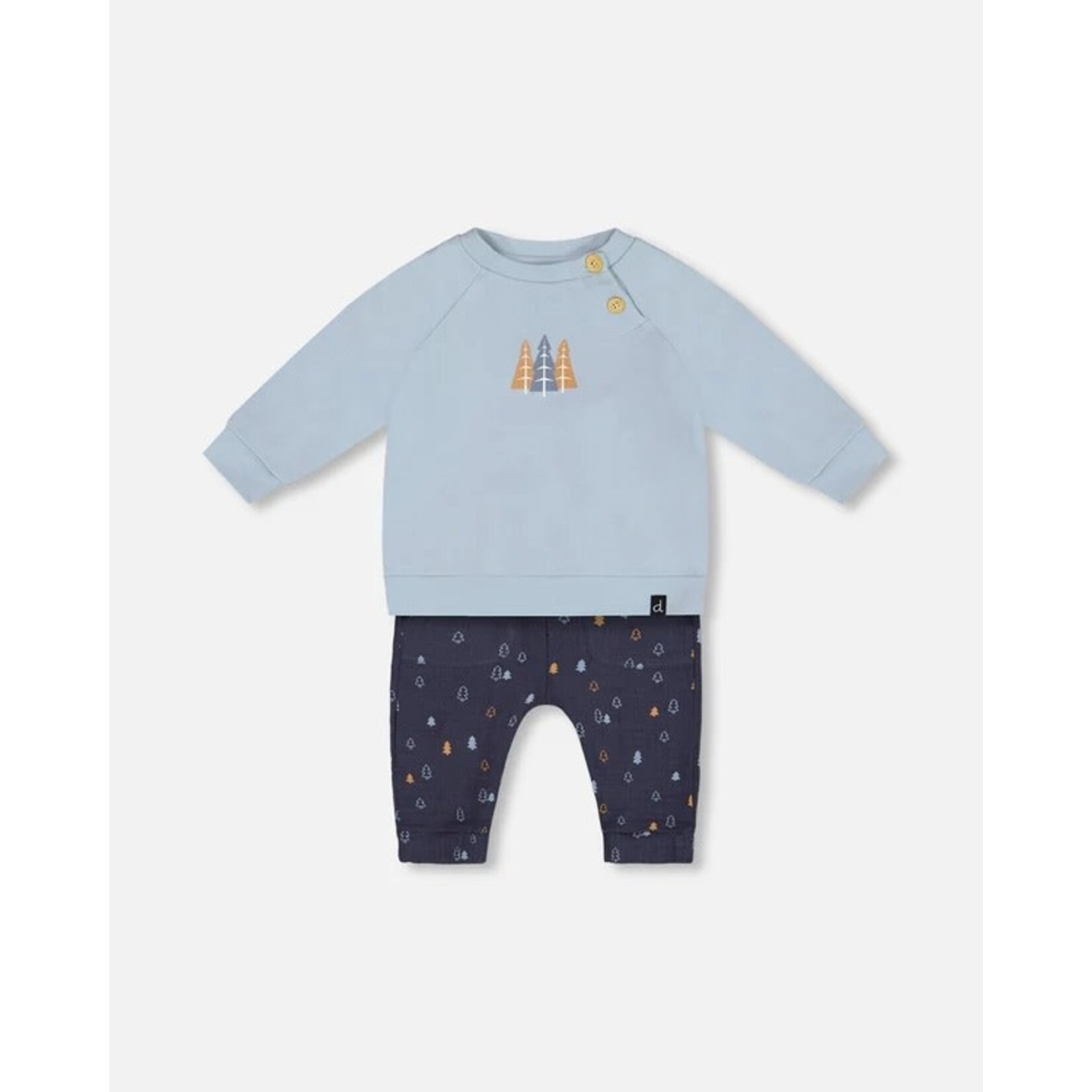 Deux par Deux DEUX PAR DEUX - Two Piece Set - Light Blue Top and Navy Muslin Pants with Fir Tree Print 'Cool Raccoon'