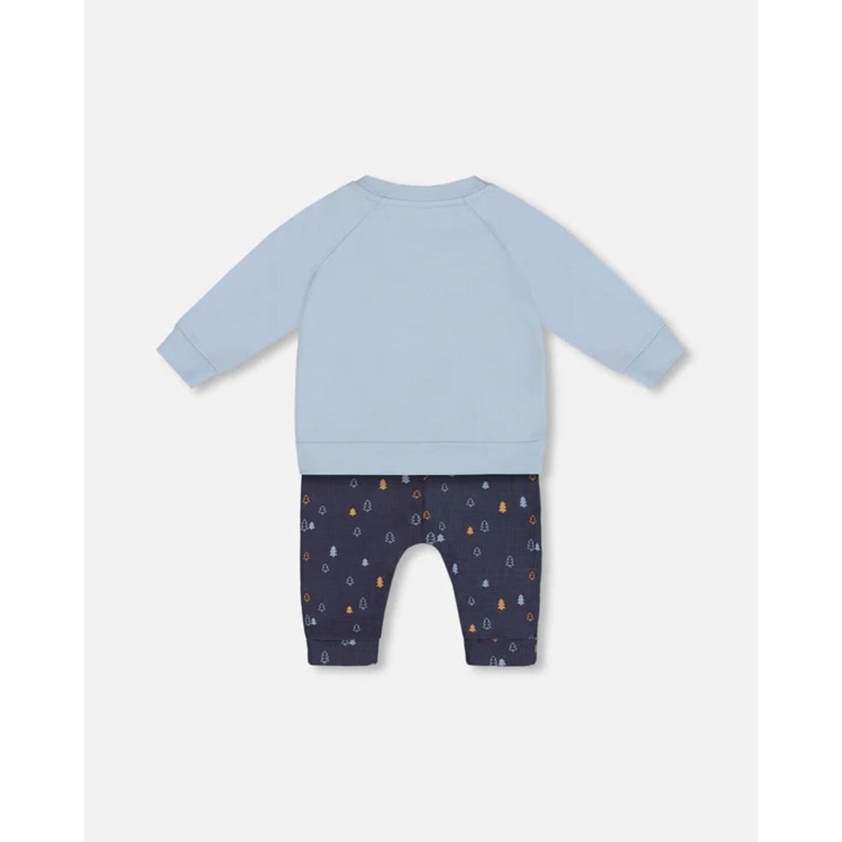 Deux par Deux DEUX PAR DEUX - Two Piece Set - Light Blue Top and Navy Muslin Pants with Fir Tree Print 'Cool Raccoon'