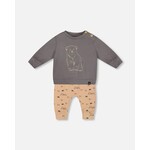 Deux par Deux DEUX PAR DEUX - Sand top and teddy bear print pants set in organic cotton