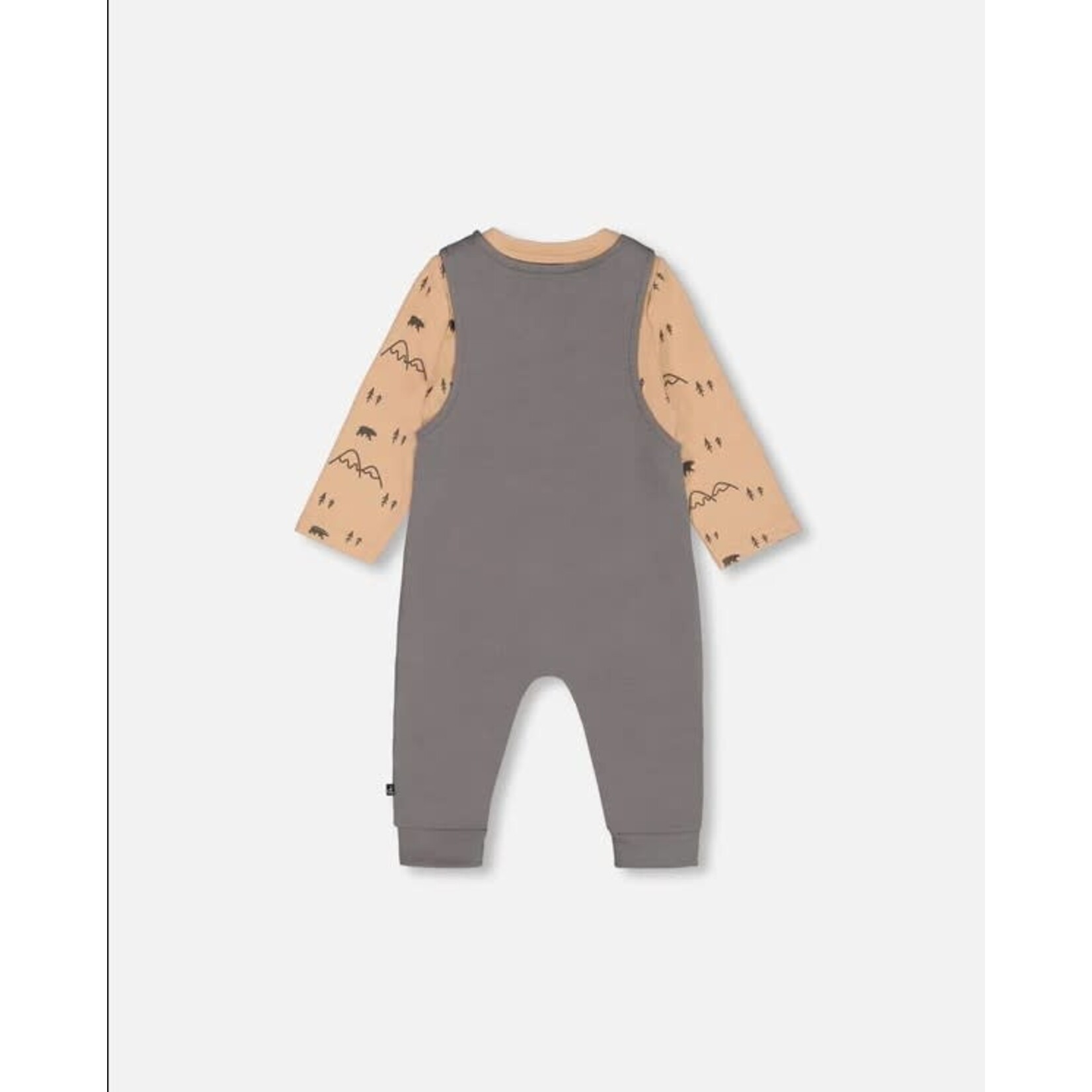 Deux par Deux DEUX PAR DEUX - Mountain print onesie and dark gray overalls set in organic cotton