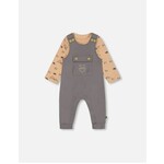 Deux par Deux DEUX PAR DEUX - Mountain print onesie and dark gray overalls set in organic cotton