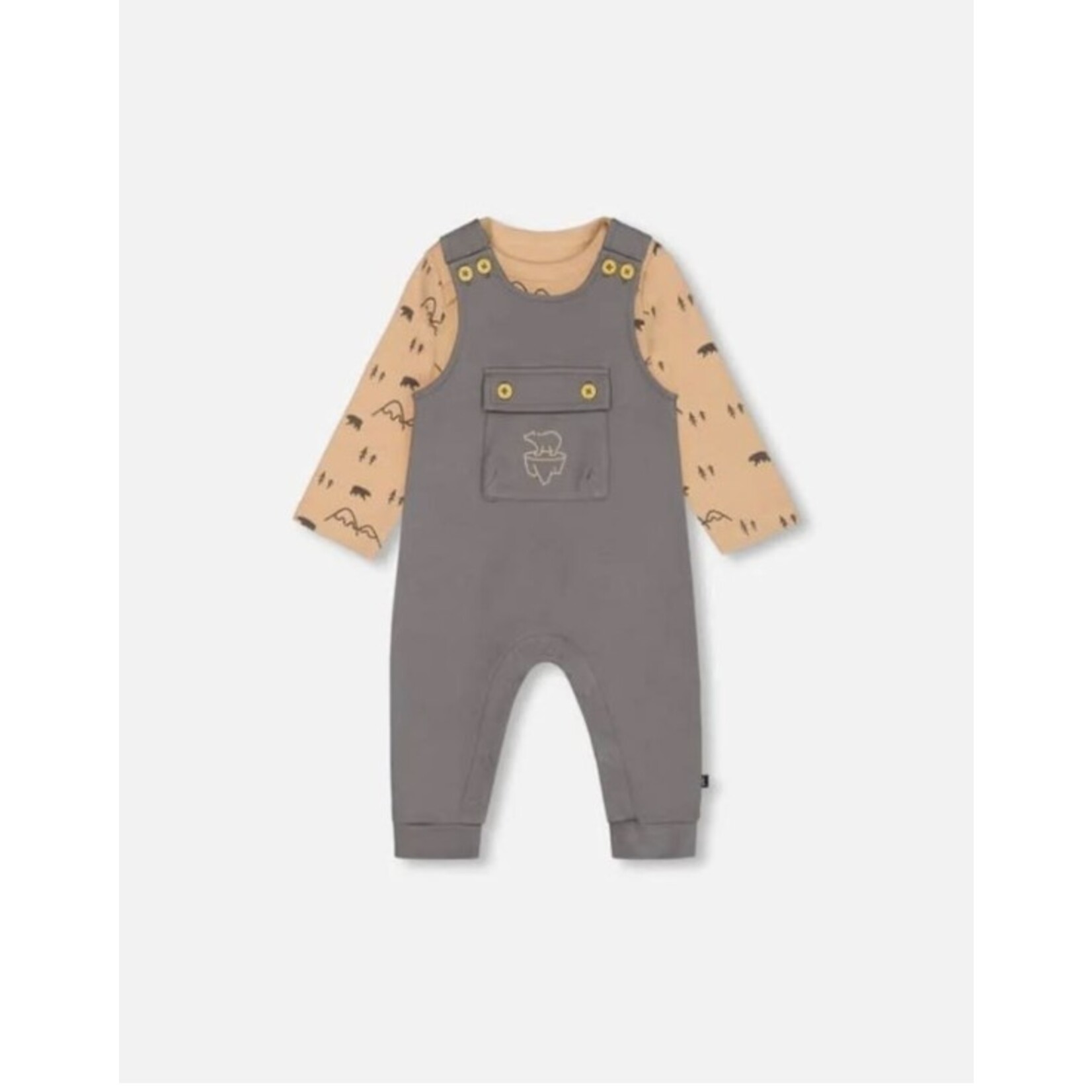 Deux par Deux DEUX PAR DEUX - Mountain print onesie and dark gray overalls set in organic cotton