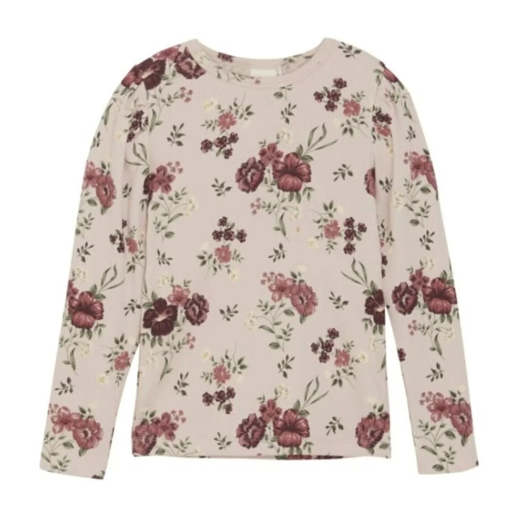 Minymo MINYMO - T-shirt à manches longues rose pâle avec imprimé floral et épaules légèrement bouffantes