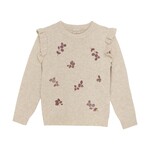 Minymo MINYMO - Heather beige knit sweater with pink flower embroidery and ruffles