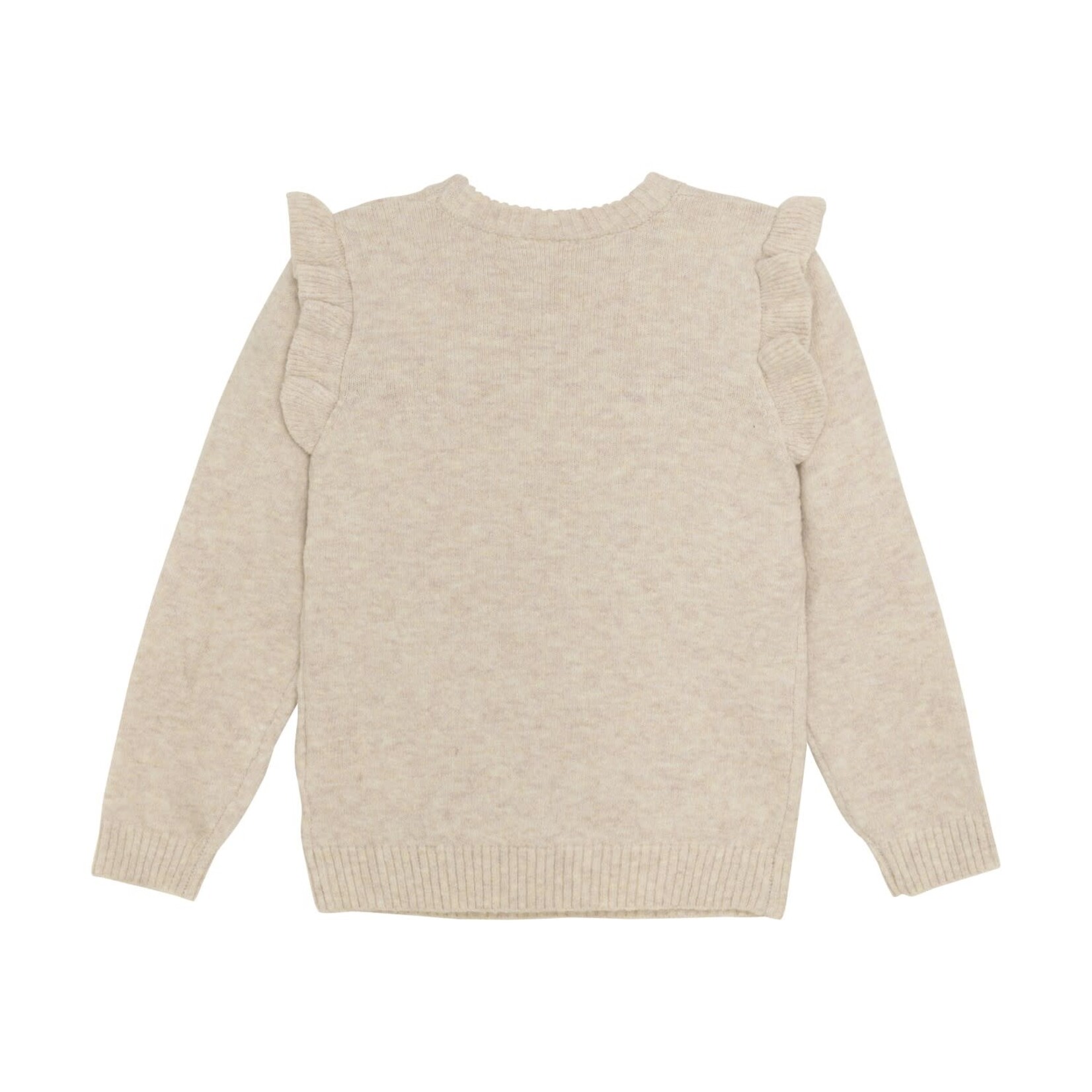 Minymo MINYMO - Heather beige knit sweater with pink flower embroidery and ruffles