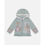 Deux par Deux DEUX PAR DEUX - Cardigan à capuchon en tricot jacquard turquoise pâle 'Minoi de minet'