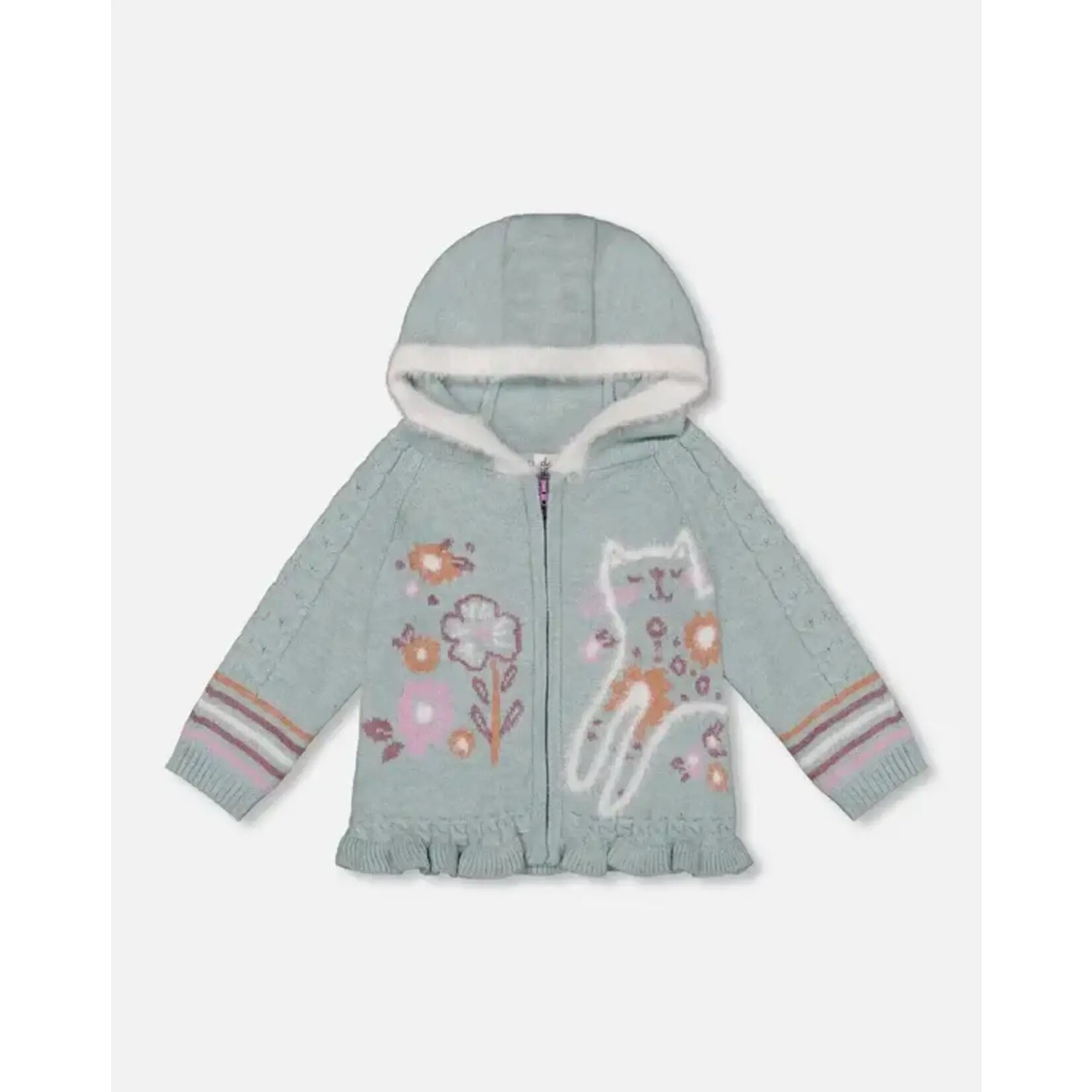 Deux par Deux DEUX PAR DEUX - Jacquard Hooded Knit Cardigan Light Turquoise 'Cathy the Cat'