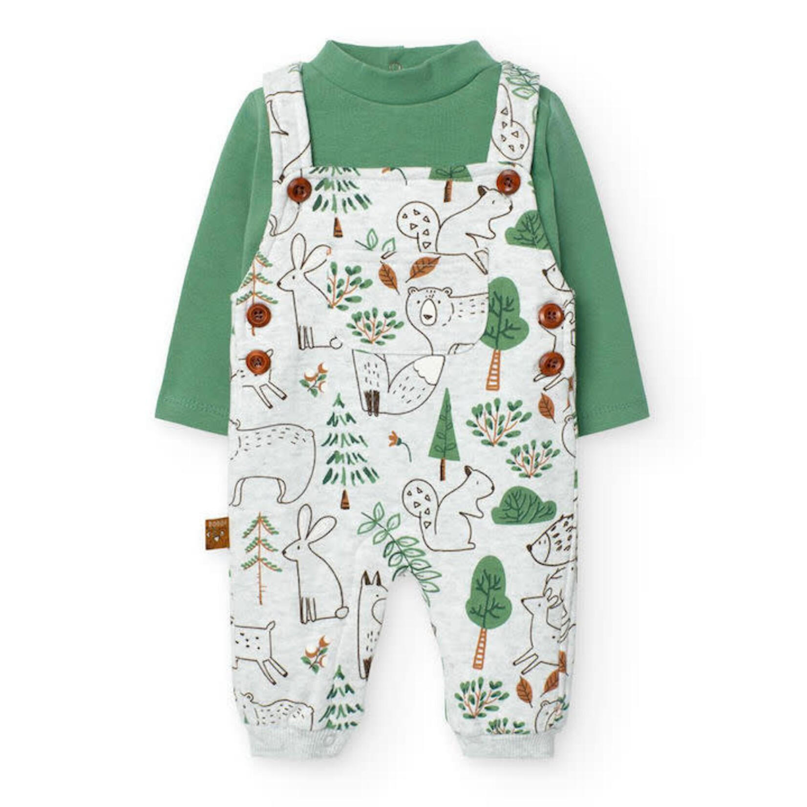 Boboli BOBOLI - Two-piece kit with grey and green overalls with forest animal print and green onesie