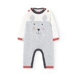 Boboli BOBOLI - Grenouillère en tricot grise, crème et rouge avec visage d'ours