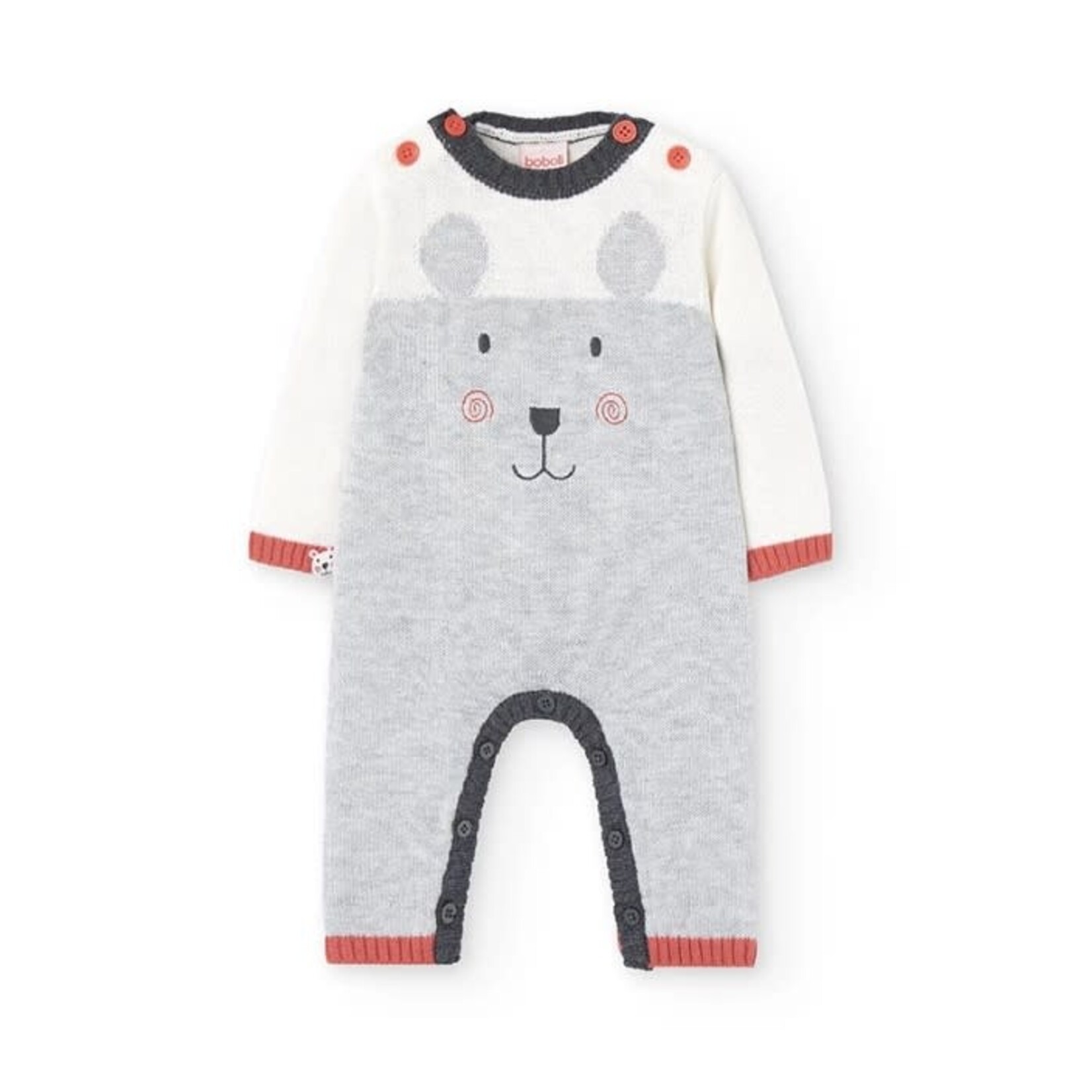 Boboli BOBOLI - Grenouillère en tricot grise, crème et rouge avec visage d'ours