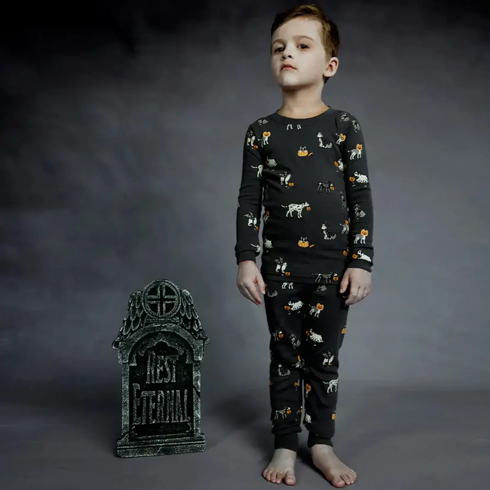 Petit Lem PETIT LEM - Ensemble pyjama d'Halloween phosphorescent noir avec imprimé chiens et citrouilles