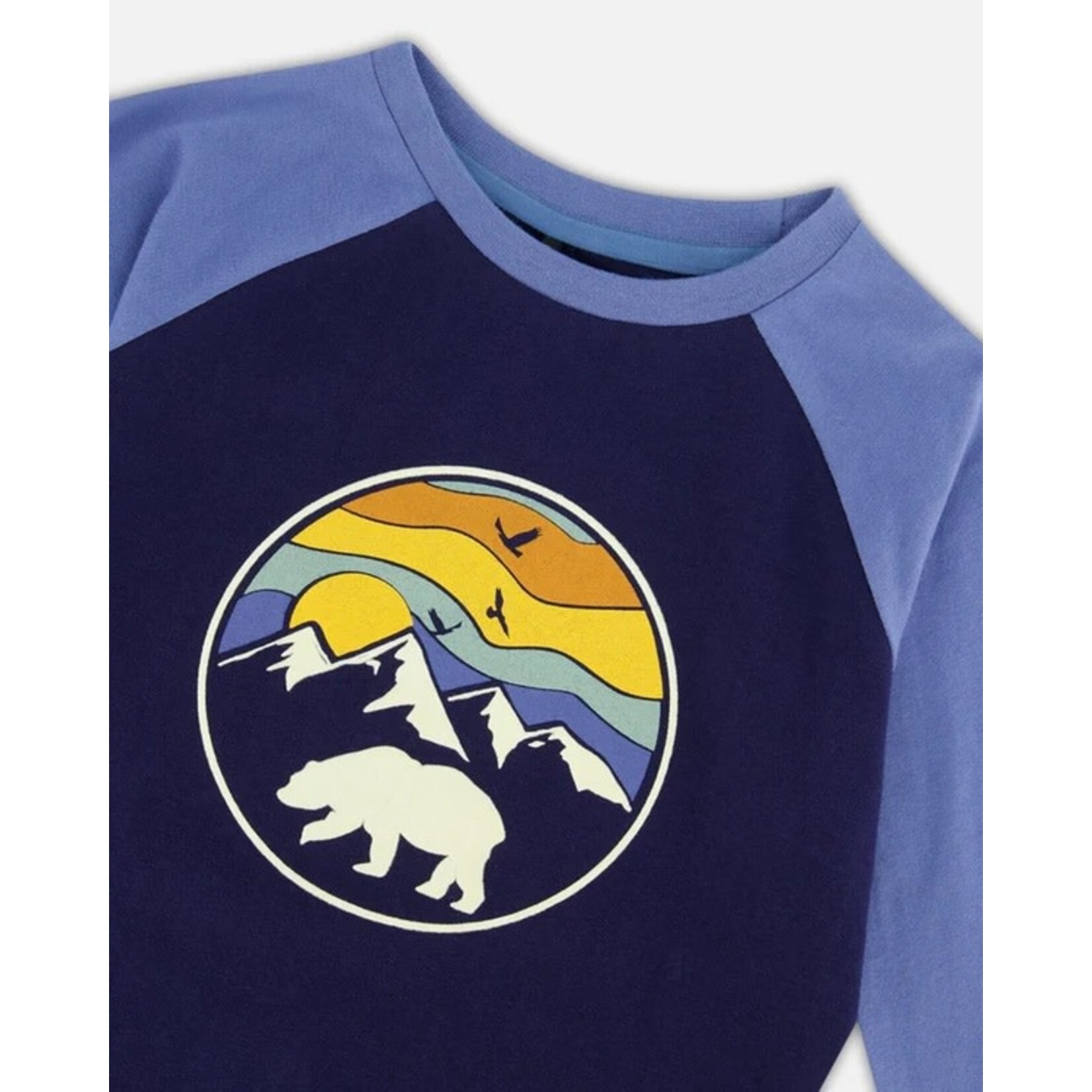 Deux par Deux DEUX PAR DEUX- Navy and light blue raglan t-shirt with mountain and bear print  'B.O.Y.S'