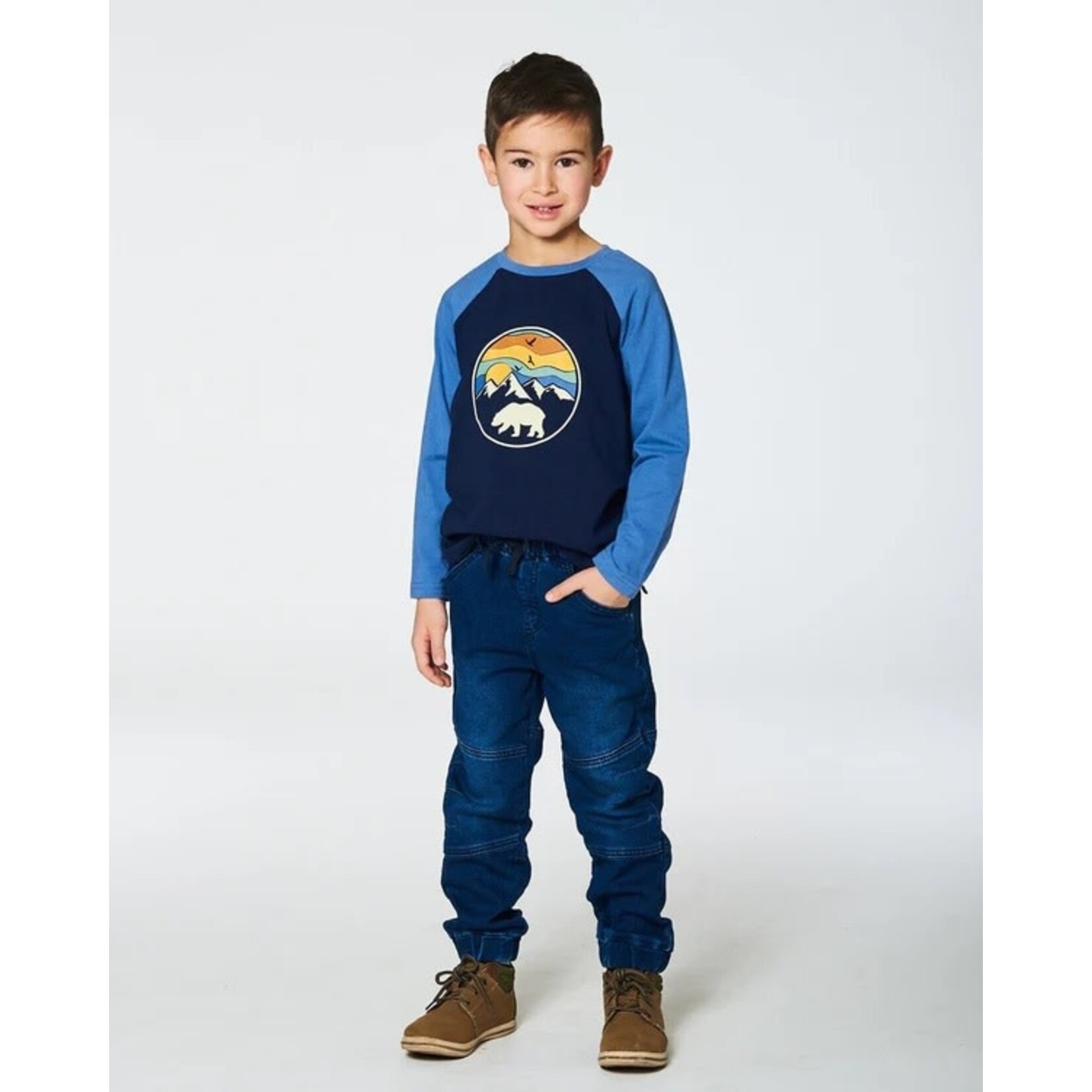 Deux par Deux DEUX PAR DEUX- Navy and light blue raglan t-shirt with mountain and bear print  'B.O.Y.S'