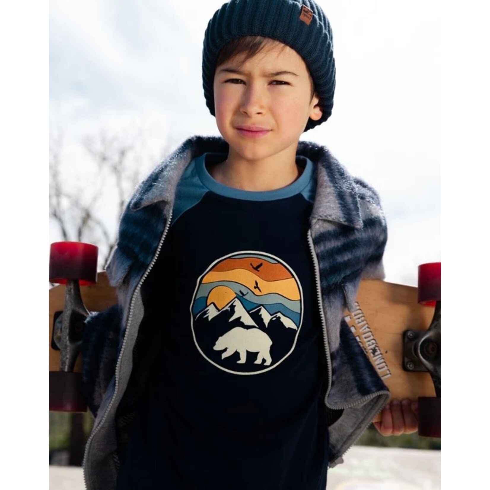 Deux par Deux DEUX PAR DEUX- Navy and light blue raglan t-shirt with mountain and bear print  'B.O.Y.S'