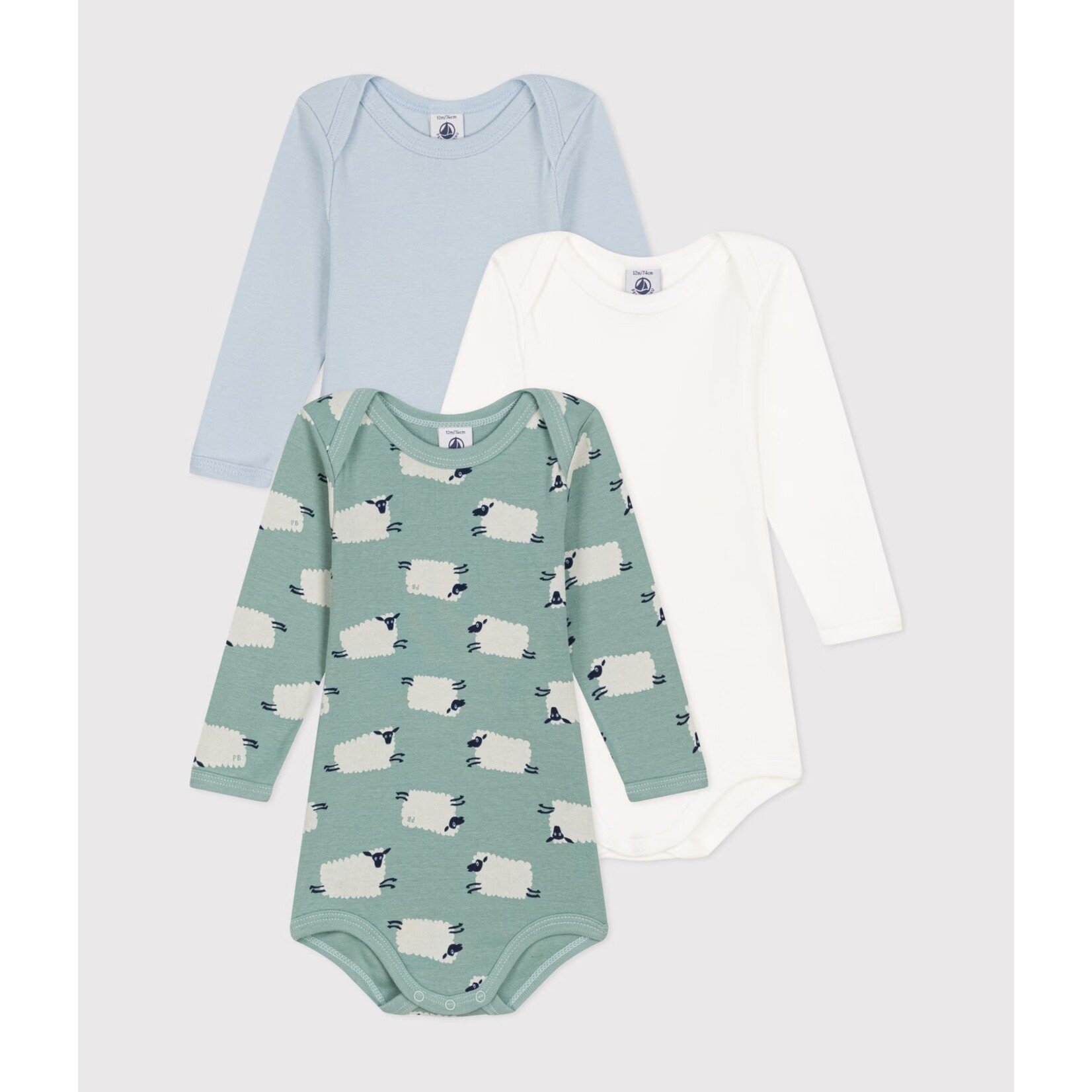 Petit Bateau PETIT BATEAU - Pack of 3 long-sleeved, round-neck Bodysuits 'verdigris sheep pattern/Plain powder blue/Plain white''