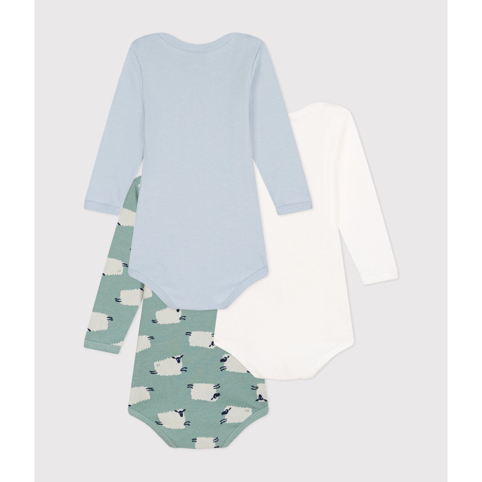 Petit Bateau PETIT BATEAU - Pack of 3 long-sleeved, round-neck Bodysuits 'verdigris sheep pattern/Plain powder blue/Plain white''