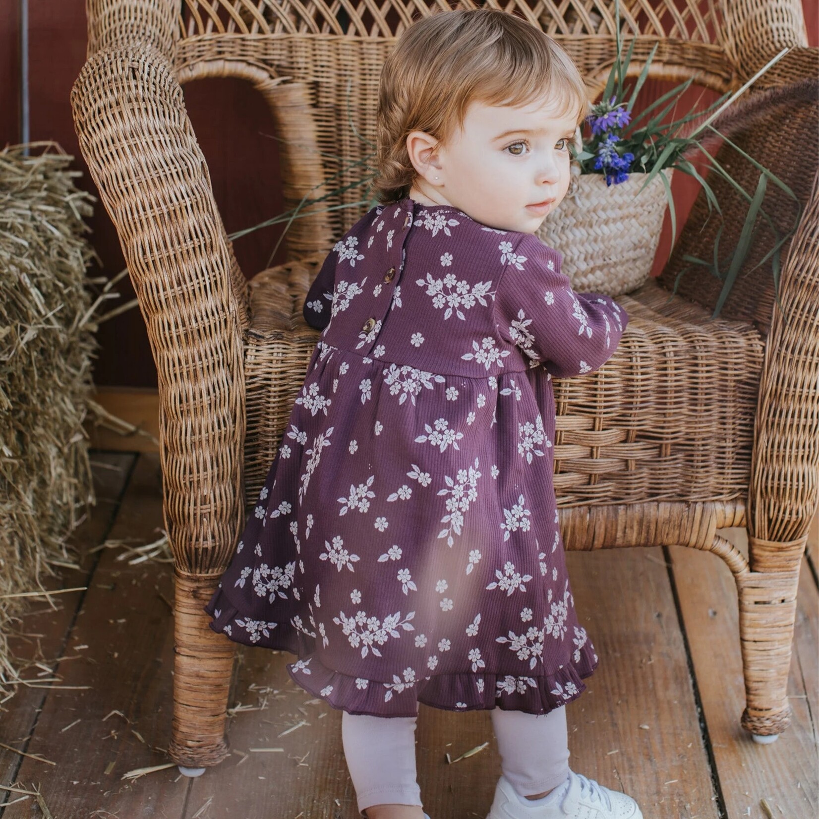 Petit Lem PETIT LEM - Plum dress with botanical flower print and pale purple leggings set