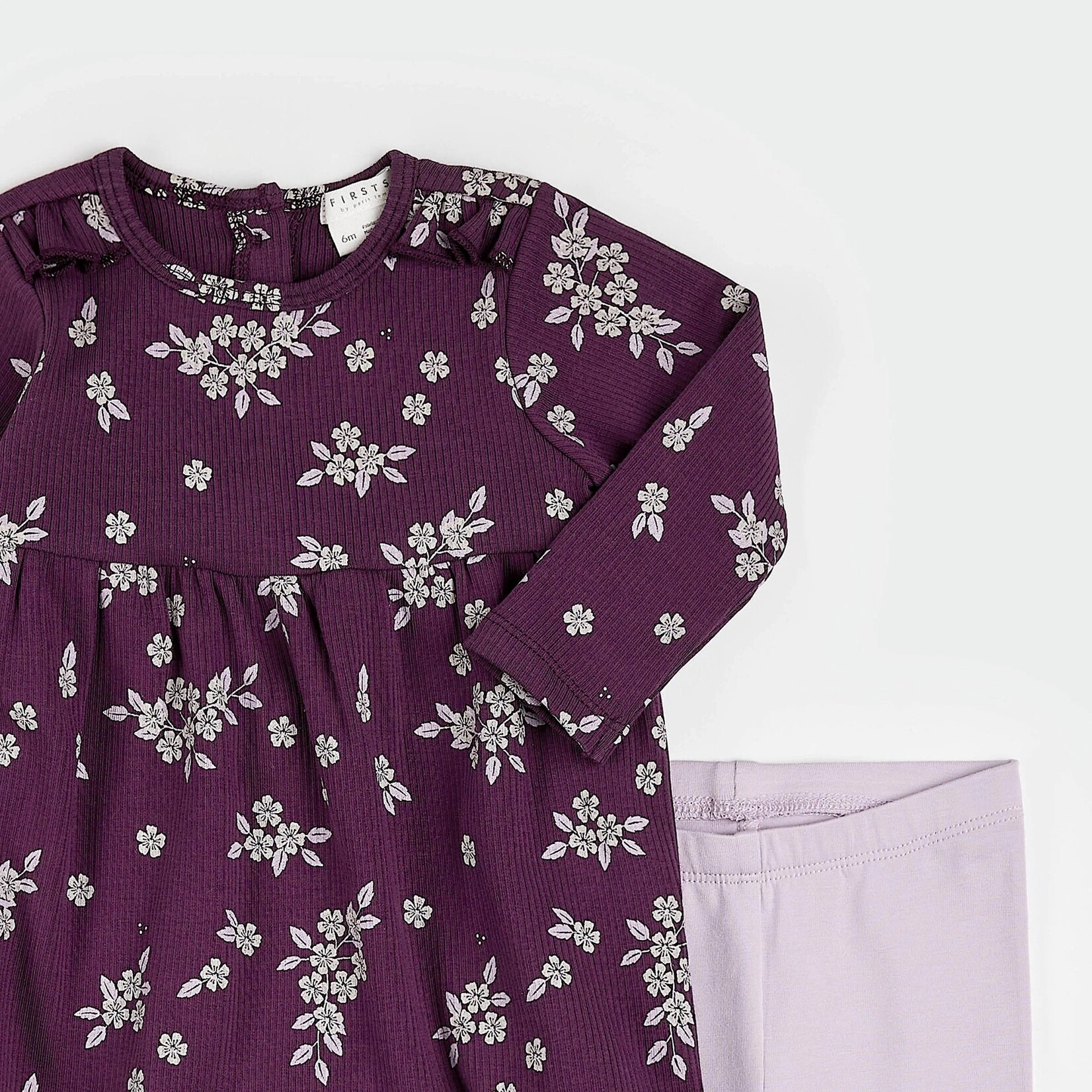 Petit Lem PETIT LEM - Plum dress with botanical flower print and pale purple leggings set