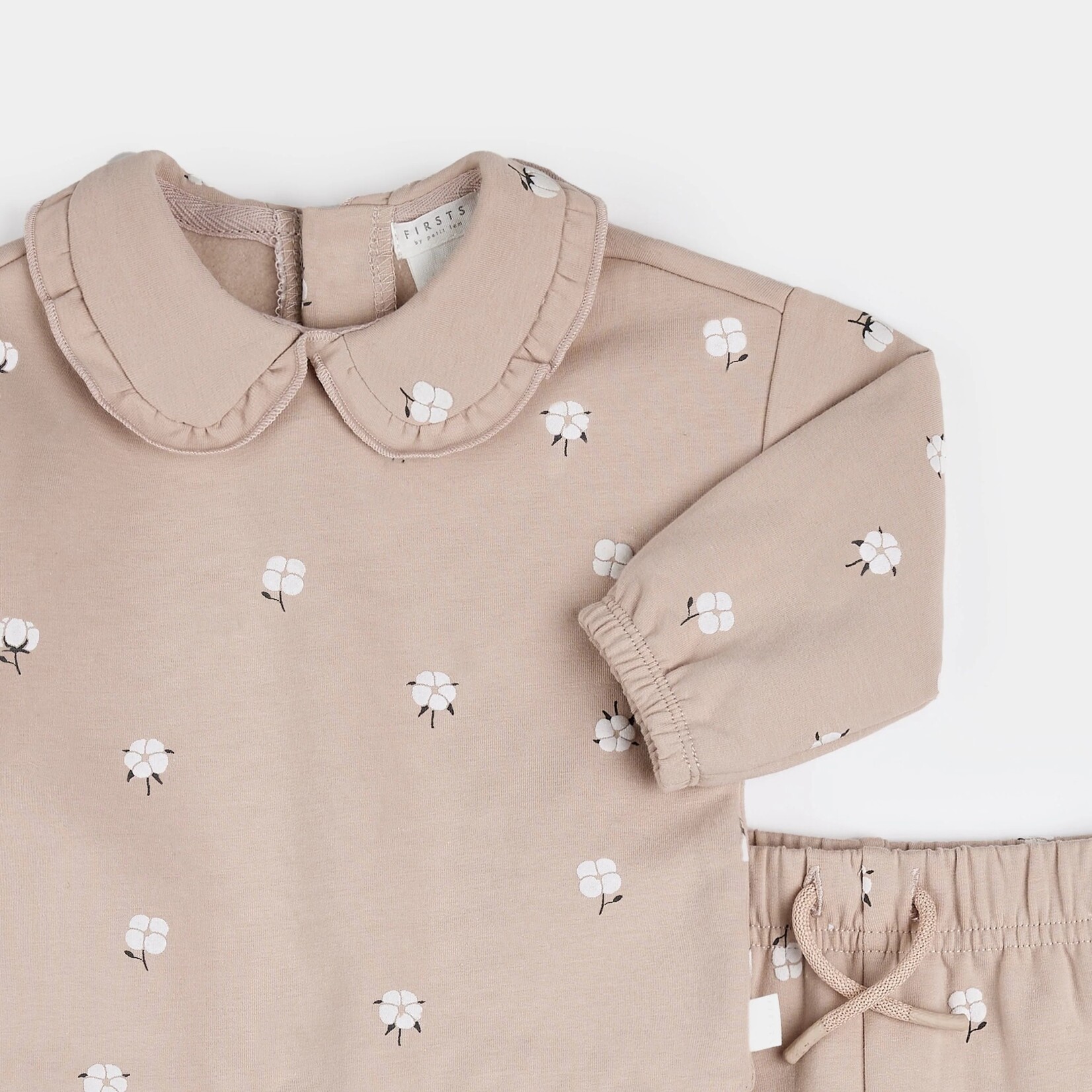 Petit Lem PETIT LEM - Two-piece set of dusty pink fleece sweater and jogging pants with cotton flower print